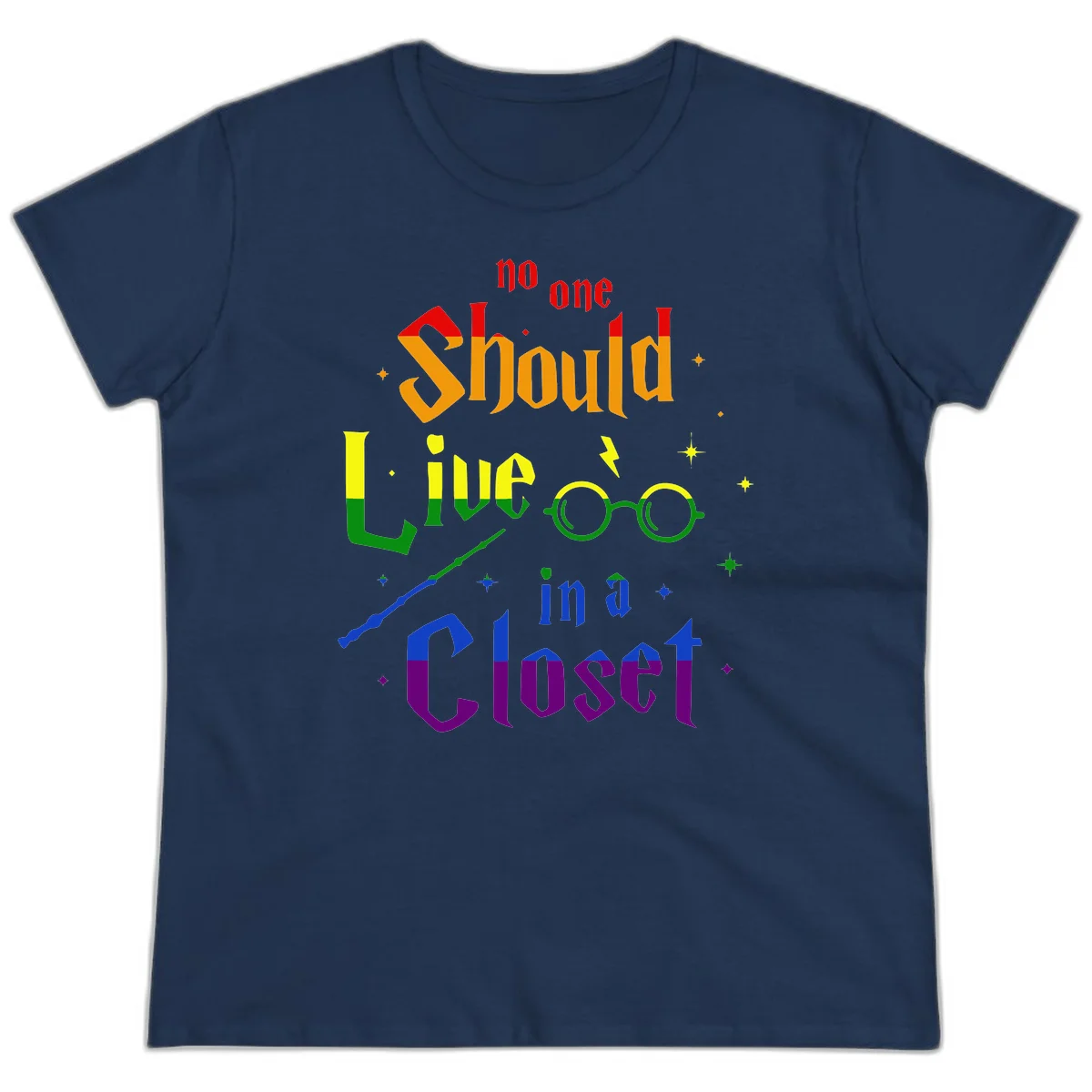 Rainbow gradient text reading 'no one Should live in a Closet' with magical elements including glasses, wand, and stars on gray background in Navy