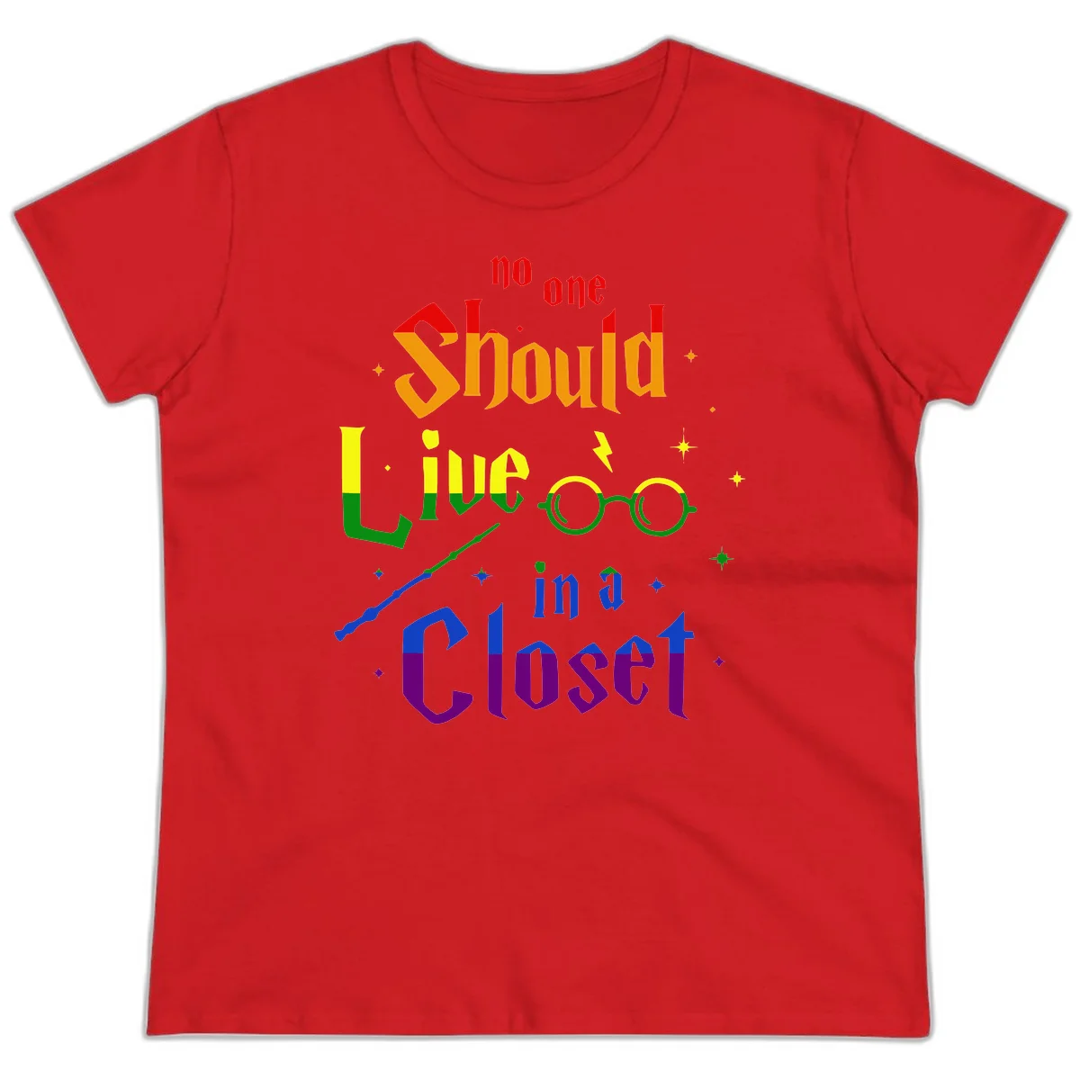 Rainbow gradient text reading 'no one Should live in a Closet' with magical elements including glasses, wand, and stars on gray background in Red