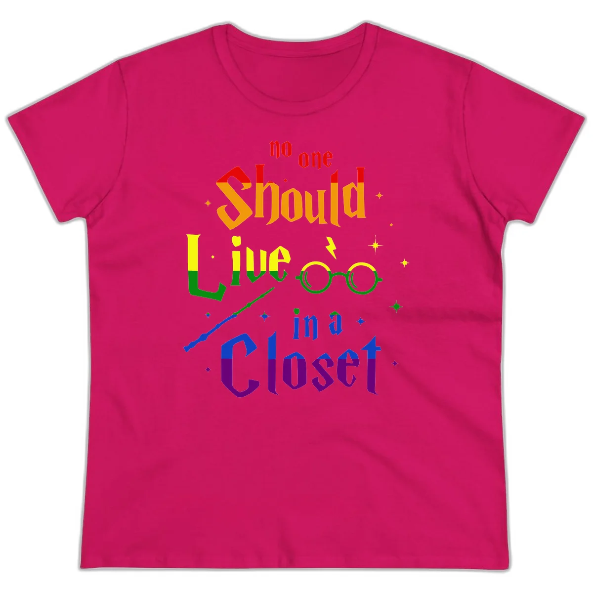 Rainbow gradient text reading 'no one Should live in a Closet' with magical elements including glasses, wand, and stars on gray background in Heliconia