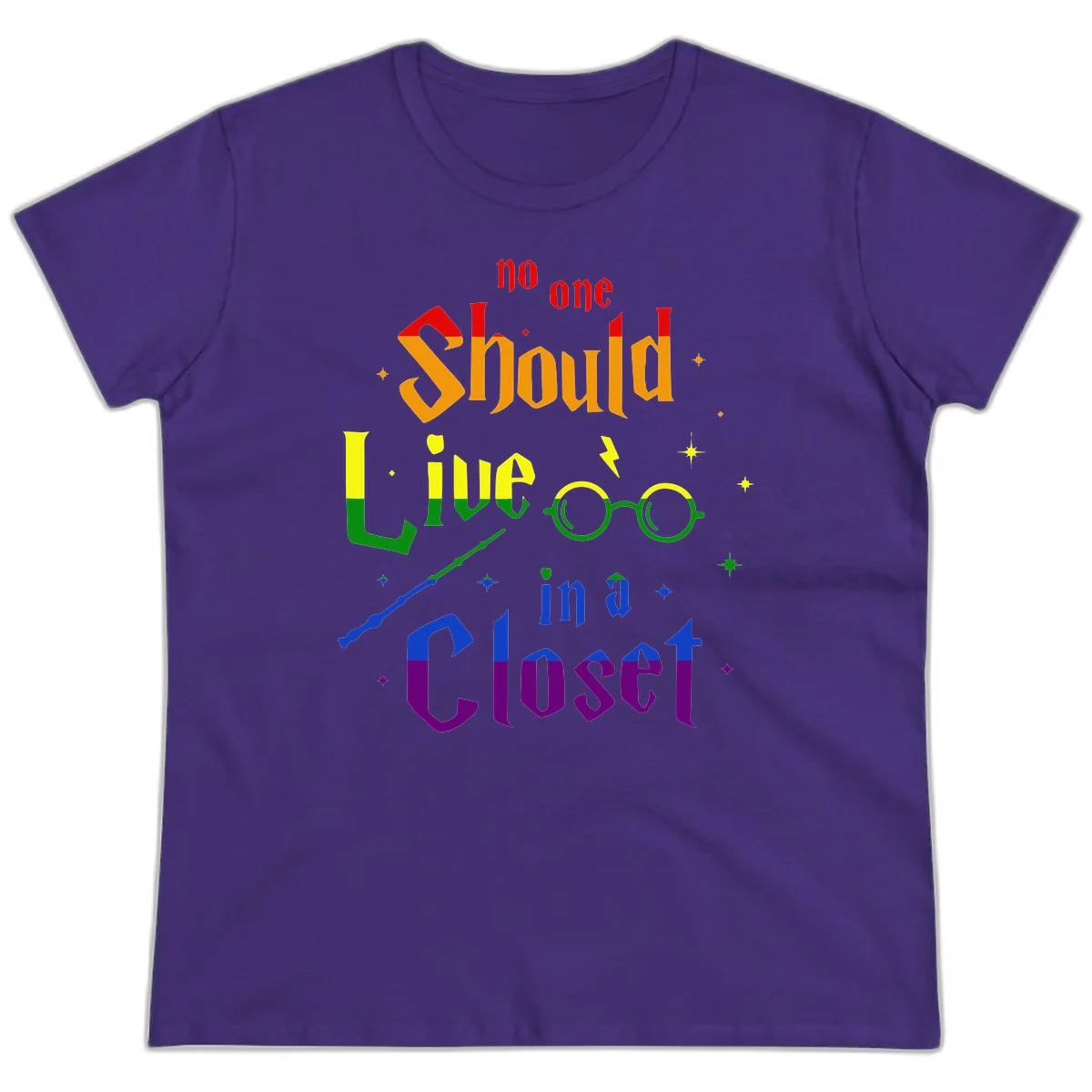 Rainbow gradient text reading 'no one Should live in a Closet' with magical elements including glasses, wand, and stars on gray background in Purple