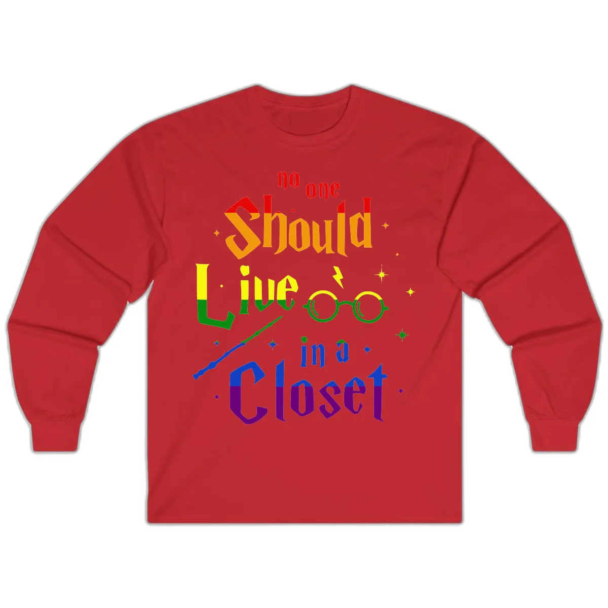 Rainbow gradient text reading 'no one Should live in a Closet' with magical elements including glasses, wand, and stars on gray background in Red