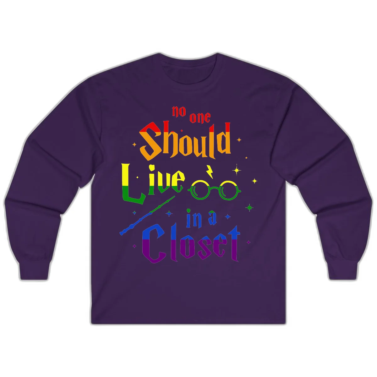 Rainbow gradient text reading 'no one Should live in a Closet' with magical elements including glasses, wand, and stars on gray background in Purple