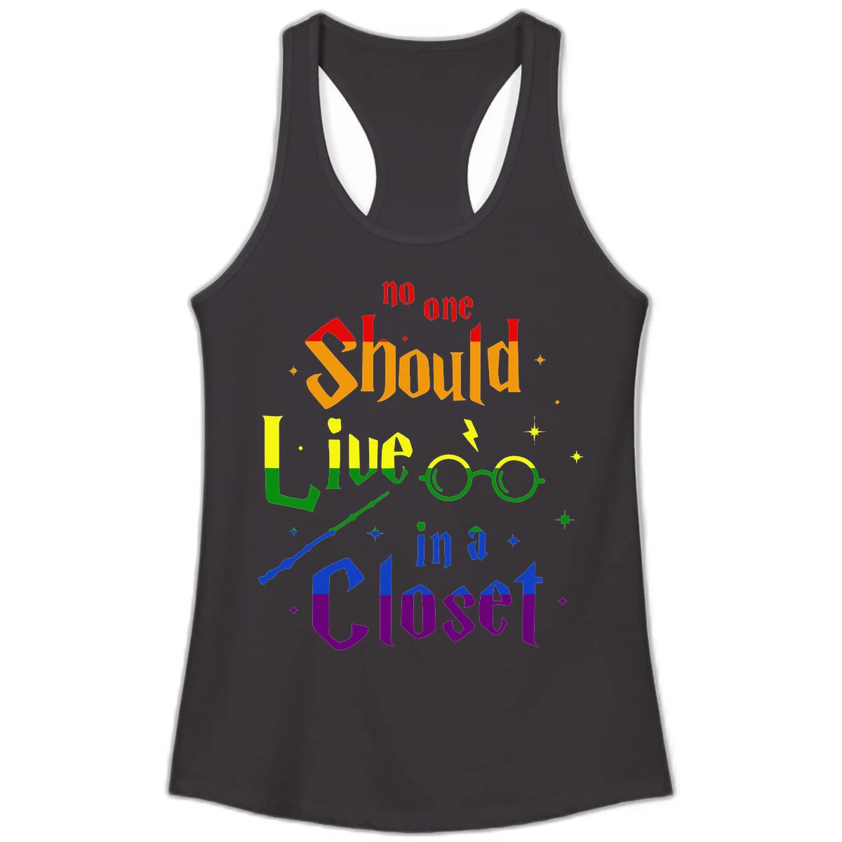 Rainbow gradient text reading 'no one Should live in a Closet' with magical elements including glasses, wand, and stars on gray background in Black
