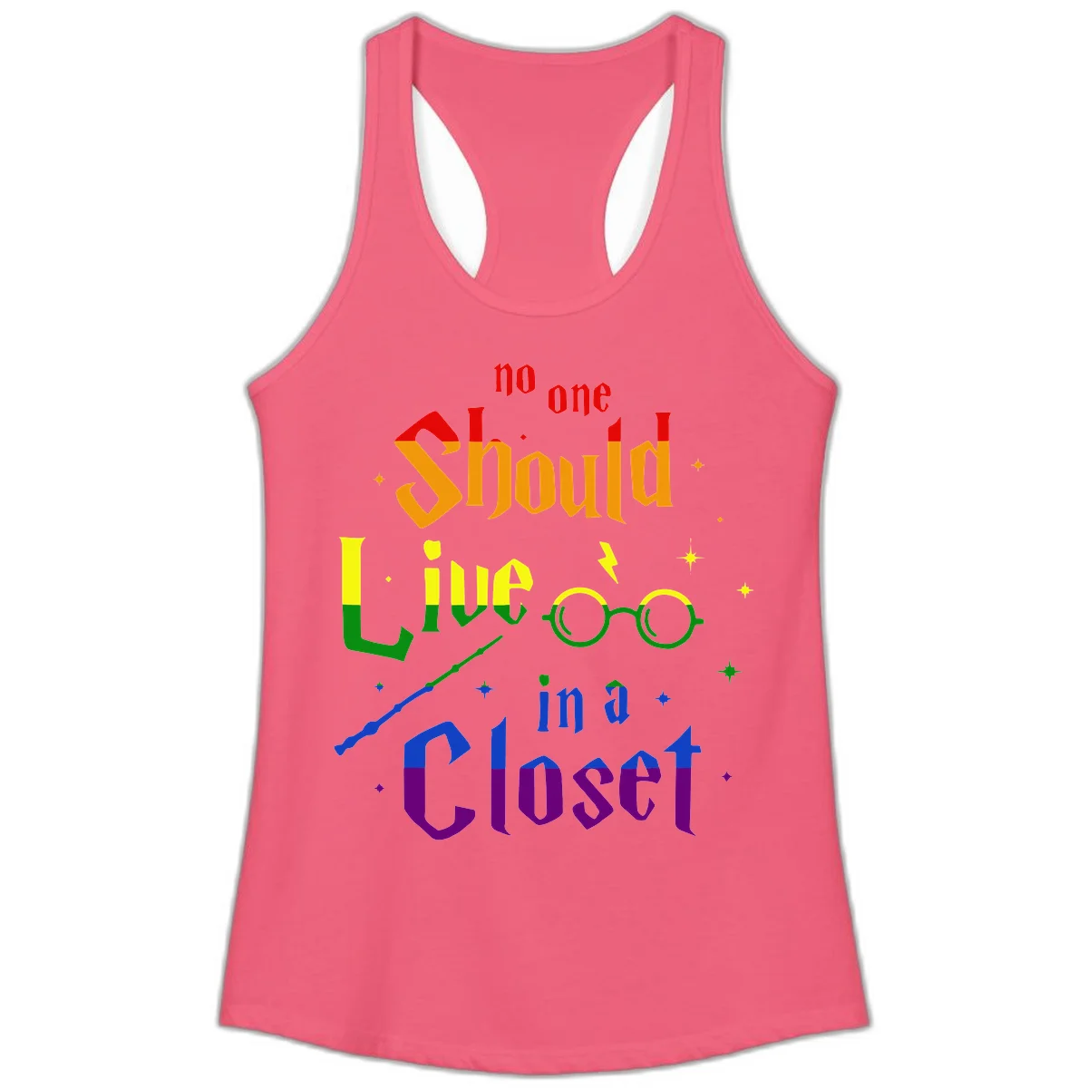 Rainbow gradient text reading 'no one Should live in a Closet' with magical elements including glasses, wand, and stars on gray background in Hot Pink