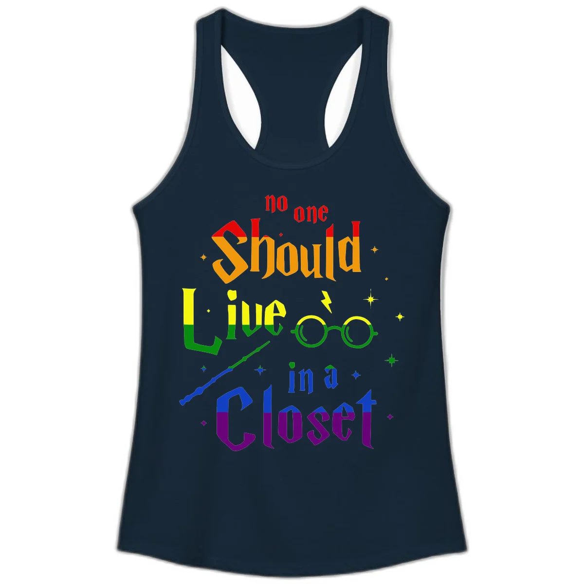Rainbow gradient text reading 'no one Should live in a Closet' with magical elements including glasses, wand, and stars on gray background in Solid Midnight Navy