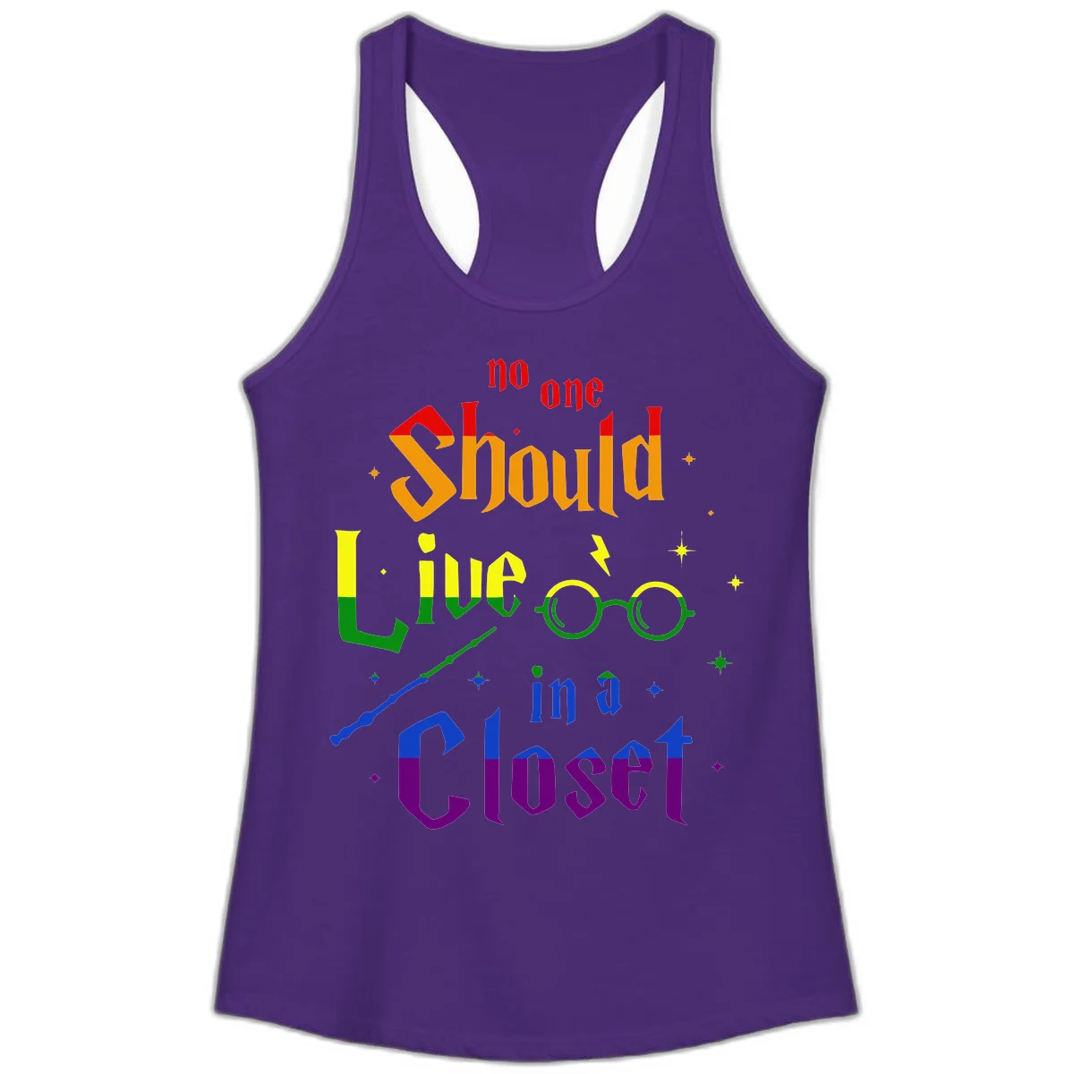 Rainbow gradient text reading 'no one Should live in a Closet' with magical elements including glasses, wand, and stars on gray background in Solid Purple Rush
