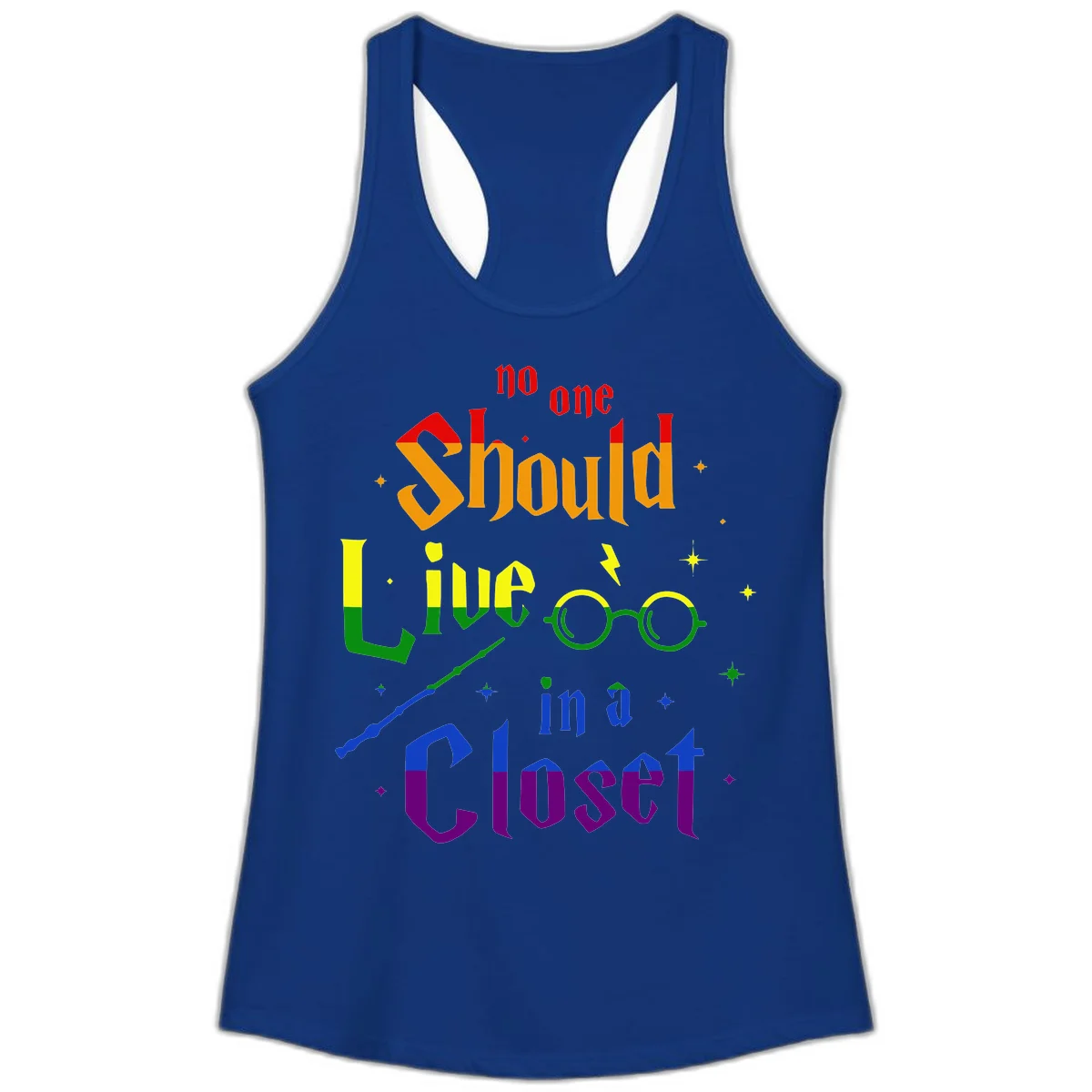 Rainbow gradient text reading 'no one Should live in a Closet' with magical elements including glasses, wand, and stars on gray background in Solid Royal