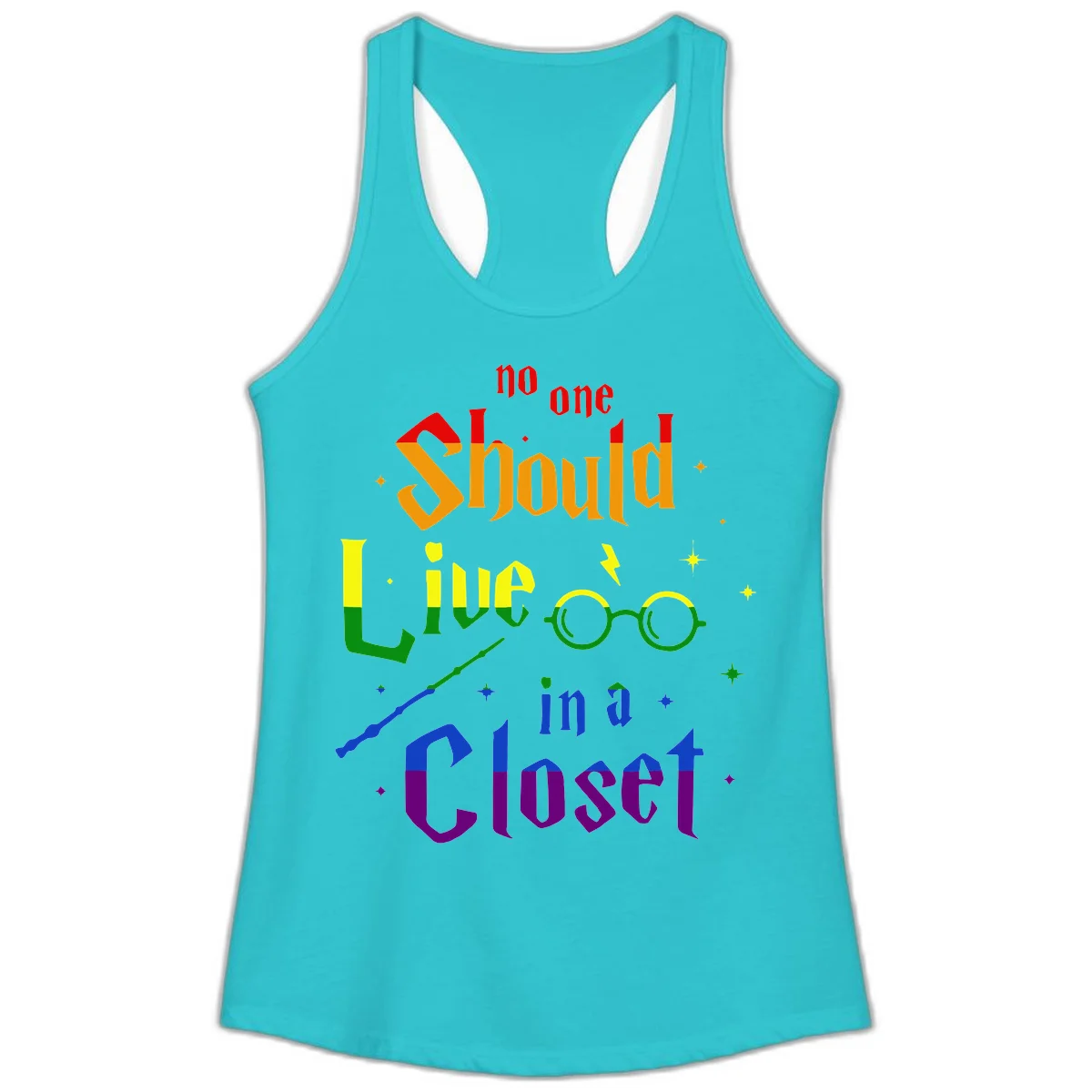 Rainbow gradient text reading 'no one Should live in a Closet' with magical elements including glasses, wand, and stars on gray background in Solid Tahiti Blue
