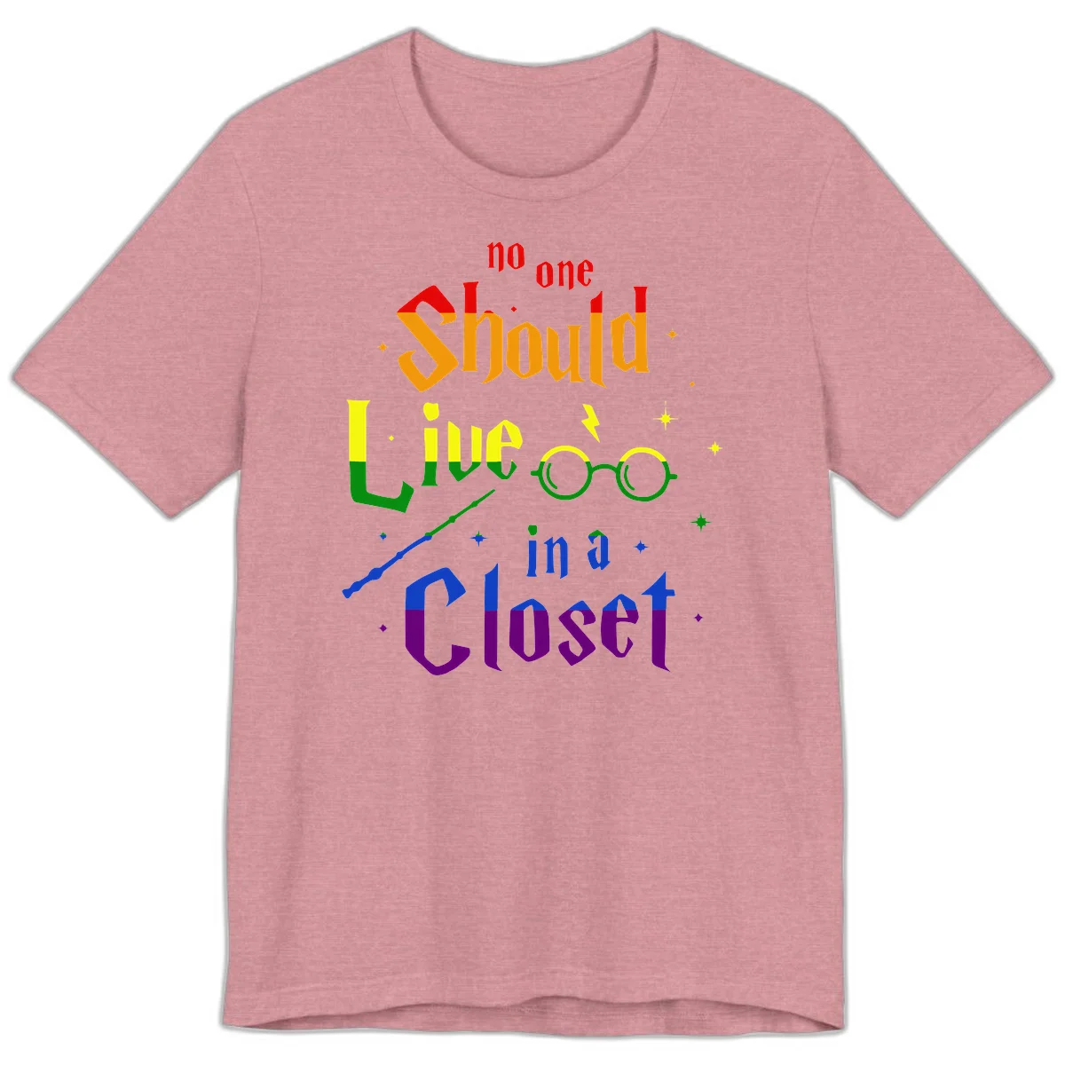 Rainbow gradient text reading 'no one Should live in a Closet' with magical elements including glasses, wand, and stars on gray background in Heather Orchid