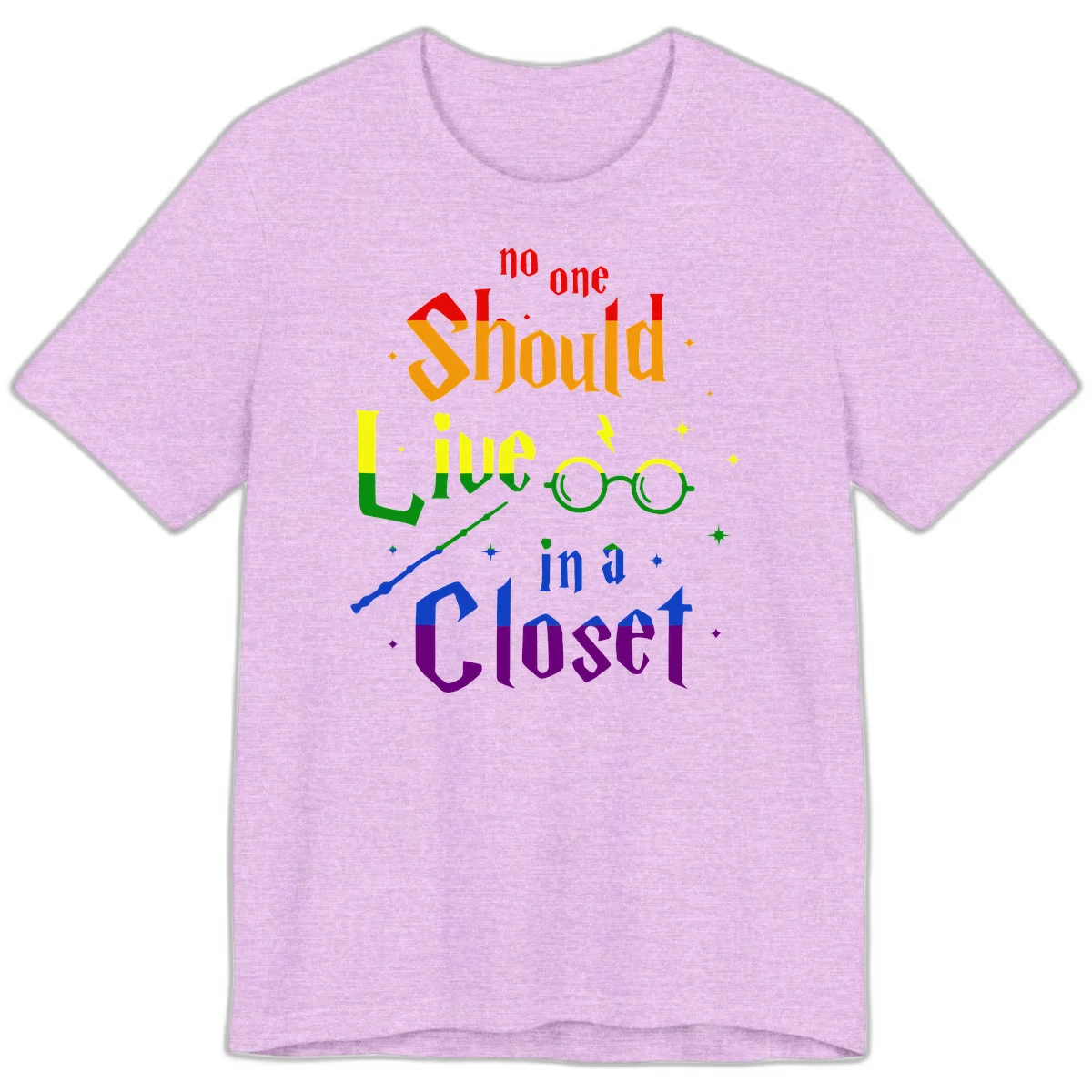Rainbow gradient text reading 'no one Should live in a Closet' with magical elements including glasses, wand, and stars on gray background in Heather Prism Lilac
