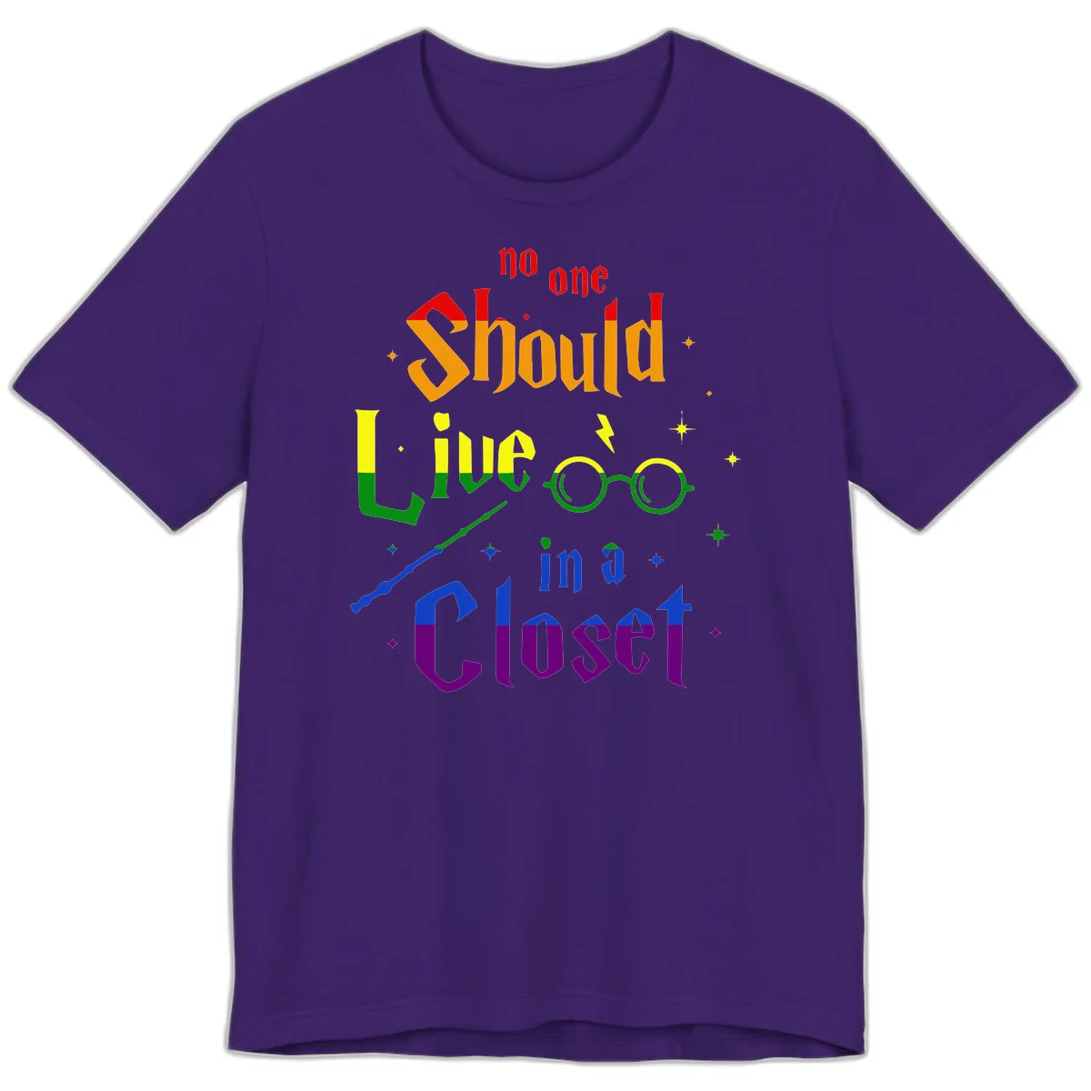 Rainbow gradient text reading 'no one Should live in a Closet' with magical elements including glasses, wand, and stars on gray background in Team Purple