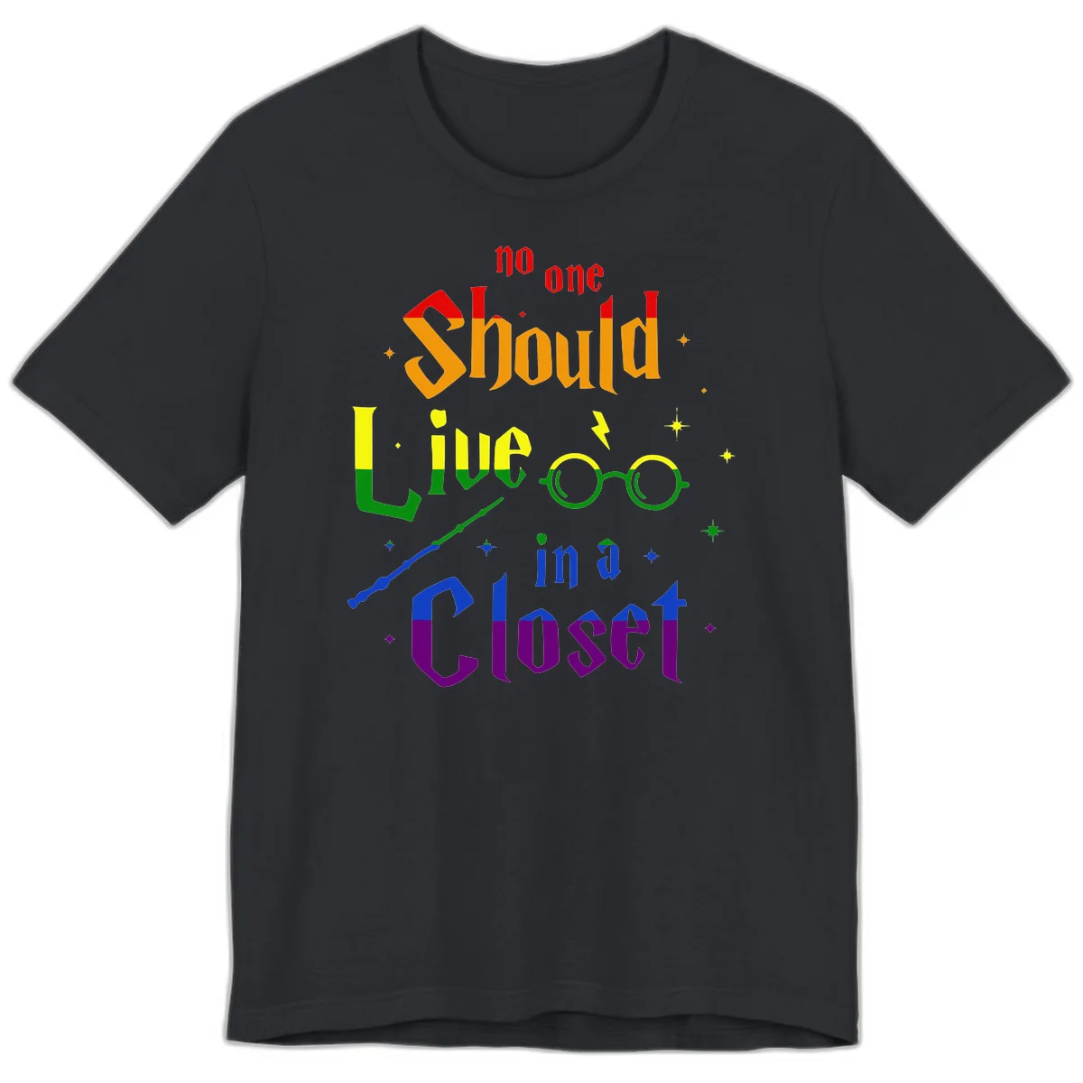 Rainbow gradient text reading 'no one Should live in a Closet' with magical elements including glasses, wand, and stars on gray background in Vintage Black