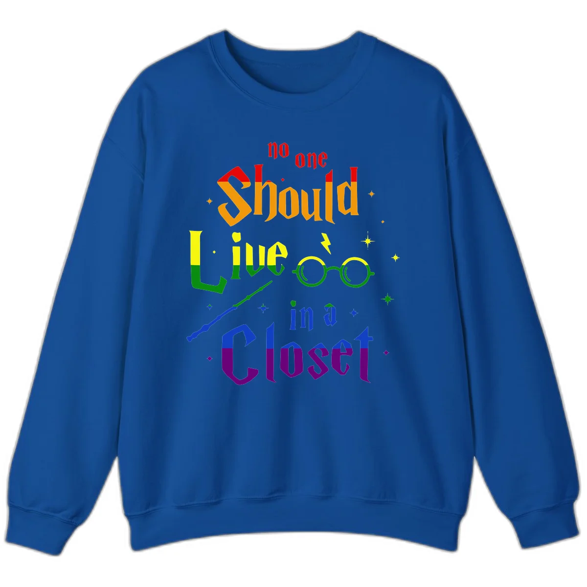 Rainbow gradient text reading 'no one Should live in a Closet' with magical elements including glasses, wand, and stars on gray background in Royal