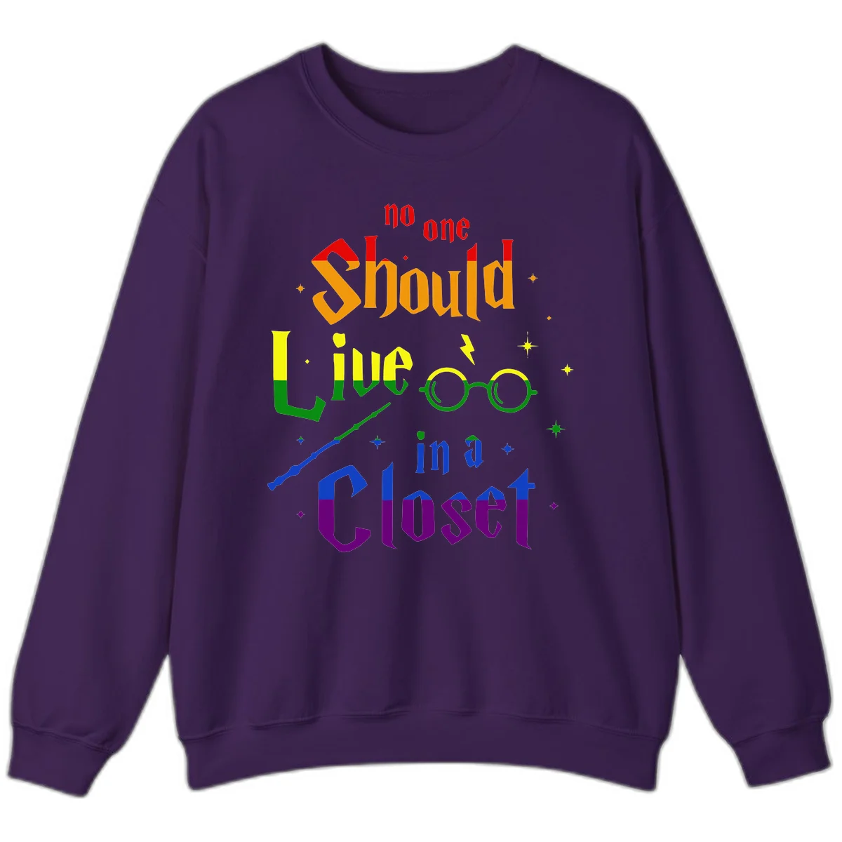 Rainbow gradient text reading 'no one Should live in a Closet' with magical elements including glasses, wand, and stars on gray background in Purple