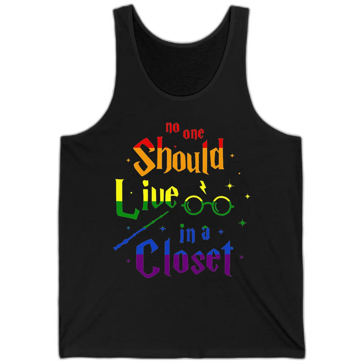 Rainbow gradient text reading 'no one Should live in a Closet' with magical elements including glasses, wand, and stars on gray background in Black