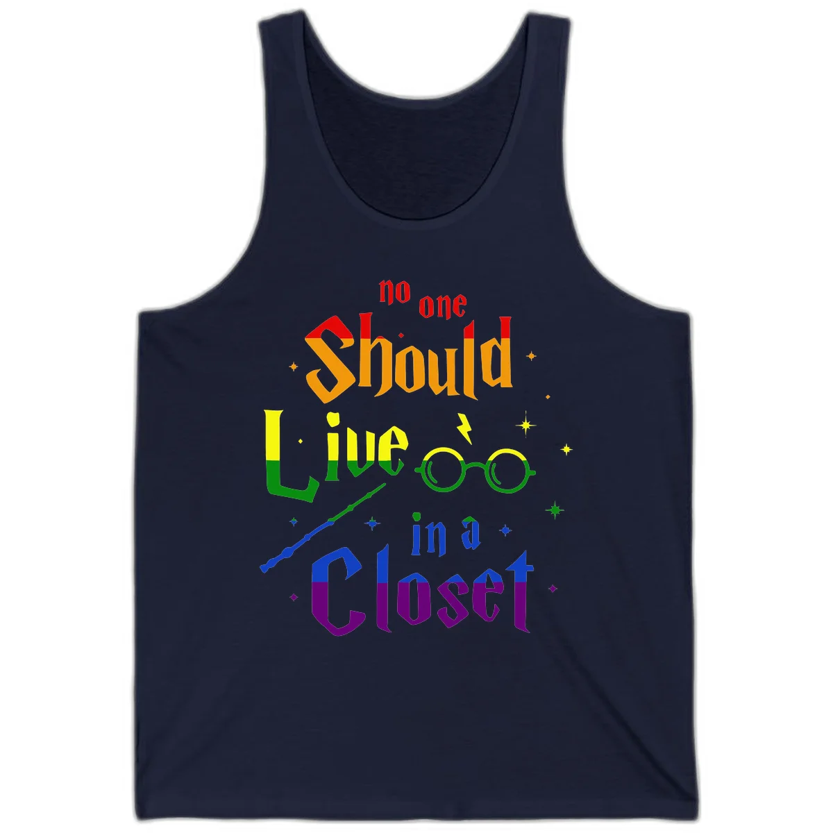 Rainbow gradient text reading 'no one Should live in a Closet' with magical elements including glasses, wand, and stars on gray background in Navy