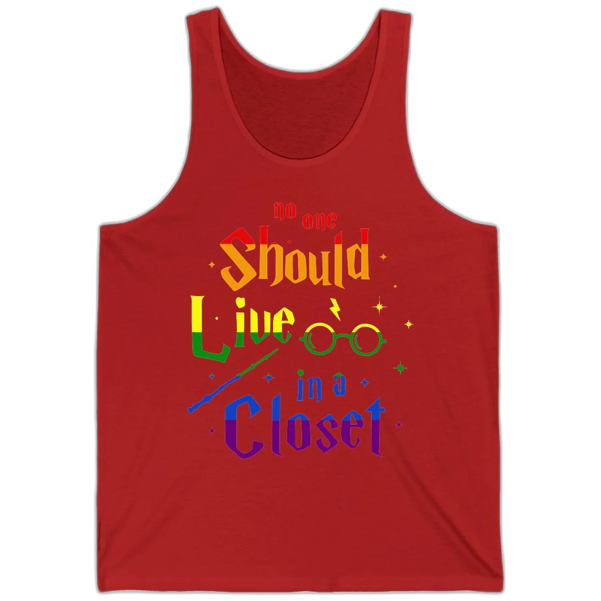 Rainbow gradient text reading 'no one Should live in a Closet' with magical elements including glasses, wand, and stars on gray background in Red