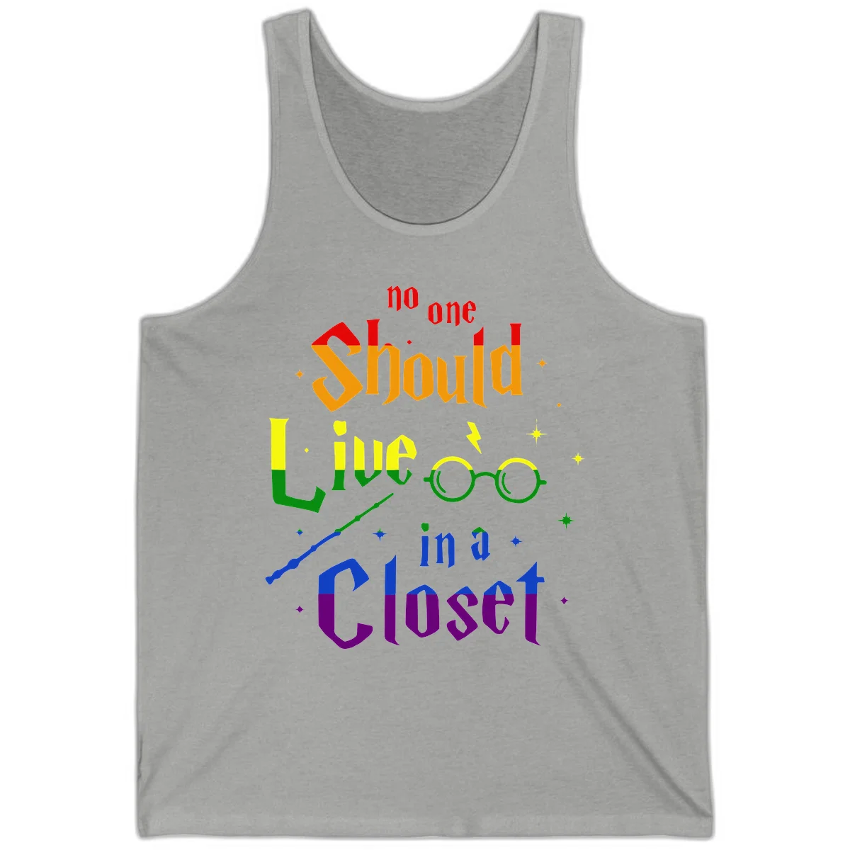 Rainbow gradient text reading 'no one Should live in a Closet' with magical elements including glasses, wand, and stars on gray background in Athletic Heather