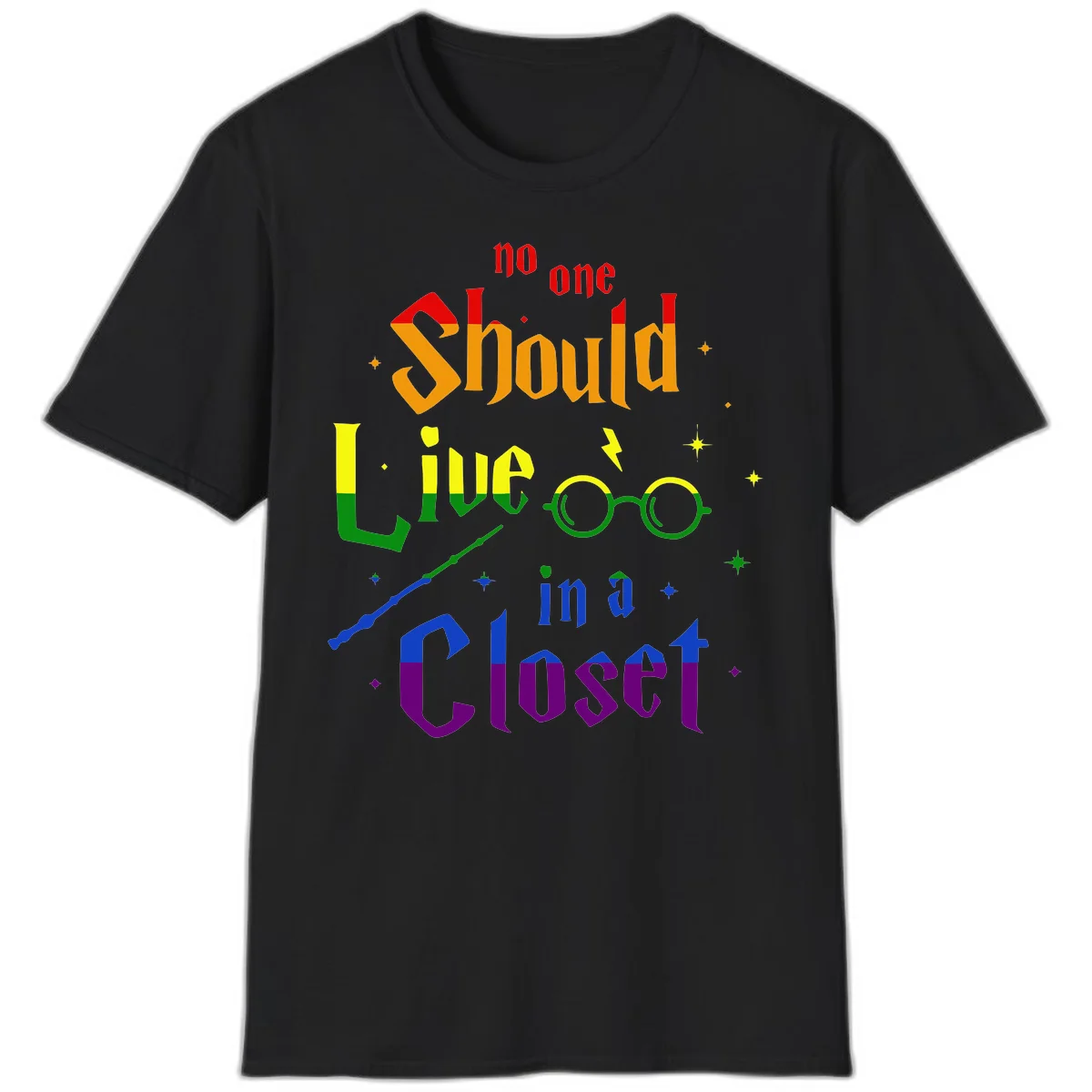 Rainbow gradient text reading 'no one Should live in a Closet' with magical elements including glasses, wand, and stars on gray background in Black