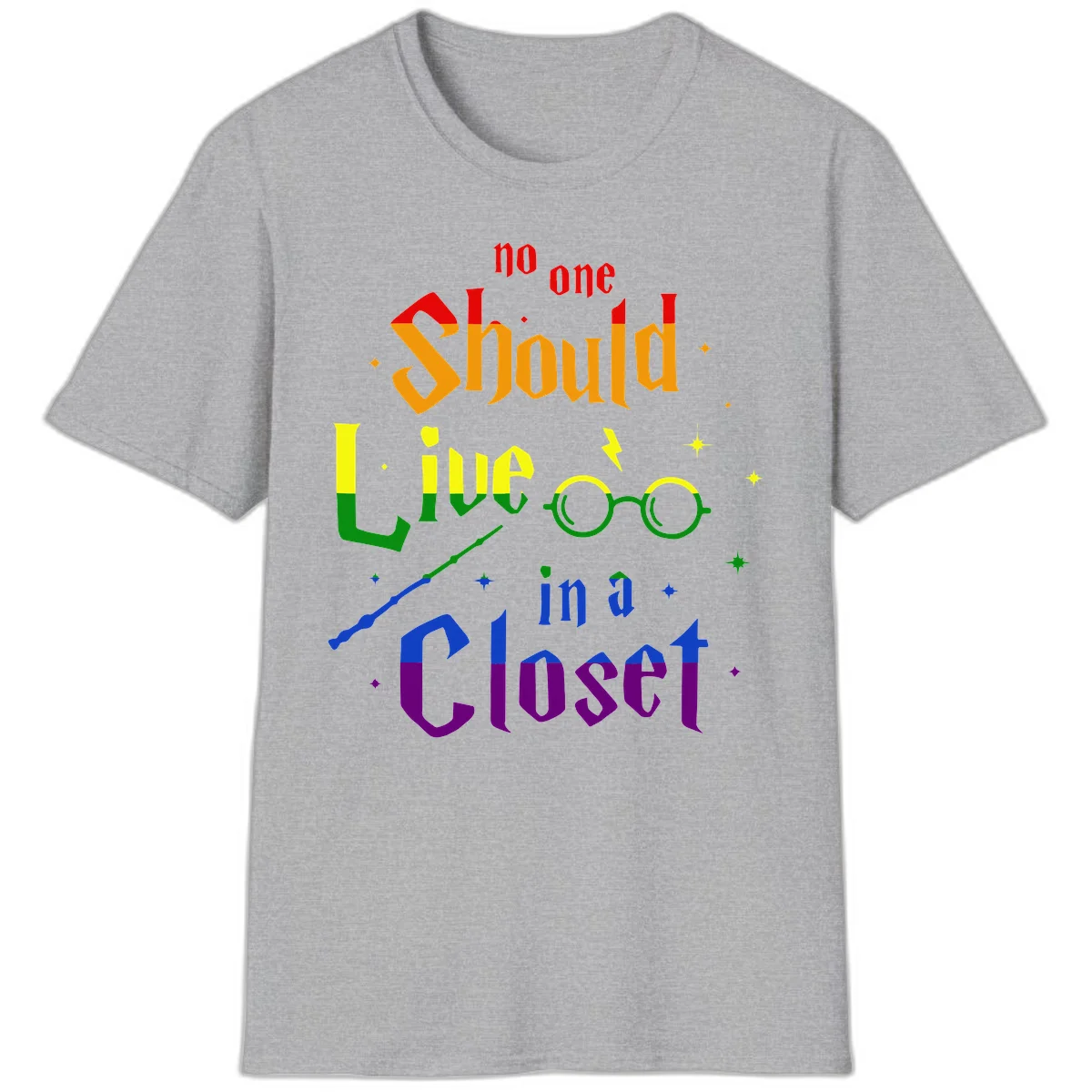 Rainbow gradient text reading 'no one Should live in a Closet' with magical elements including glasses, wand, and stars on gray background in Sport Grey