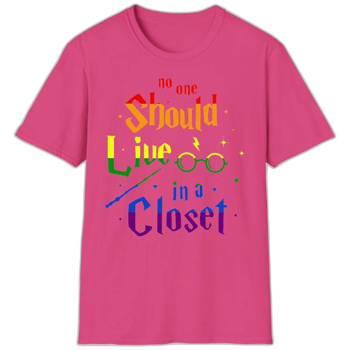 Rainbow gradient text reading 'no one Should live in a Closet' with magical elements including glasses, wand, and stars on gray background in Heliconia