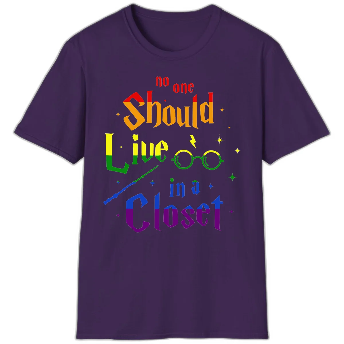 Rainbow gradient text reading 'no one Should live in a Closet' with magical elements including glasses, wand, and stars on gray background in Purple