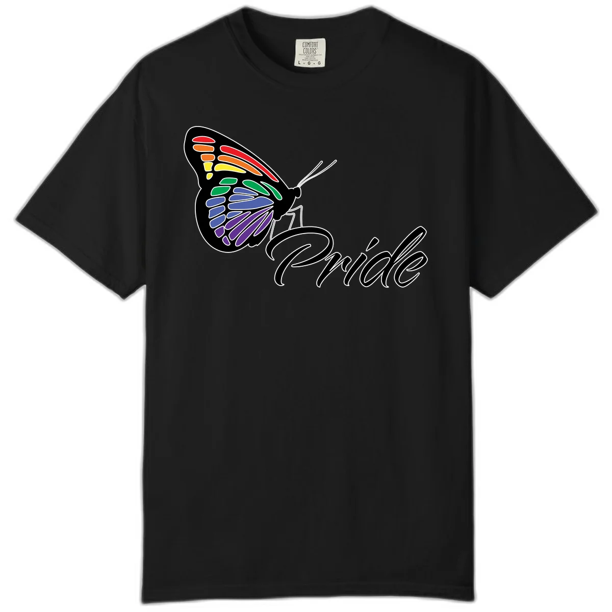 Pride butterfly illustration with rainbow-colored wings in red, orange, yellow, green, blue, and purple gradient with 'Pride' text in Black