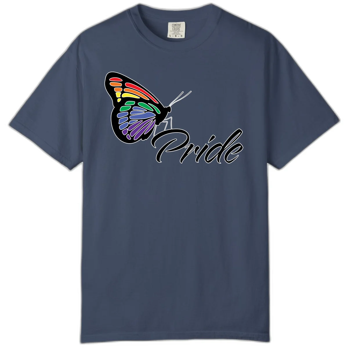 Pride butterfly illustration with rainbow-colored wings in red, orange, yellow, green, blue, and purple gradient with 'Pride' text in Midnight