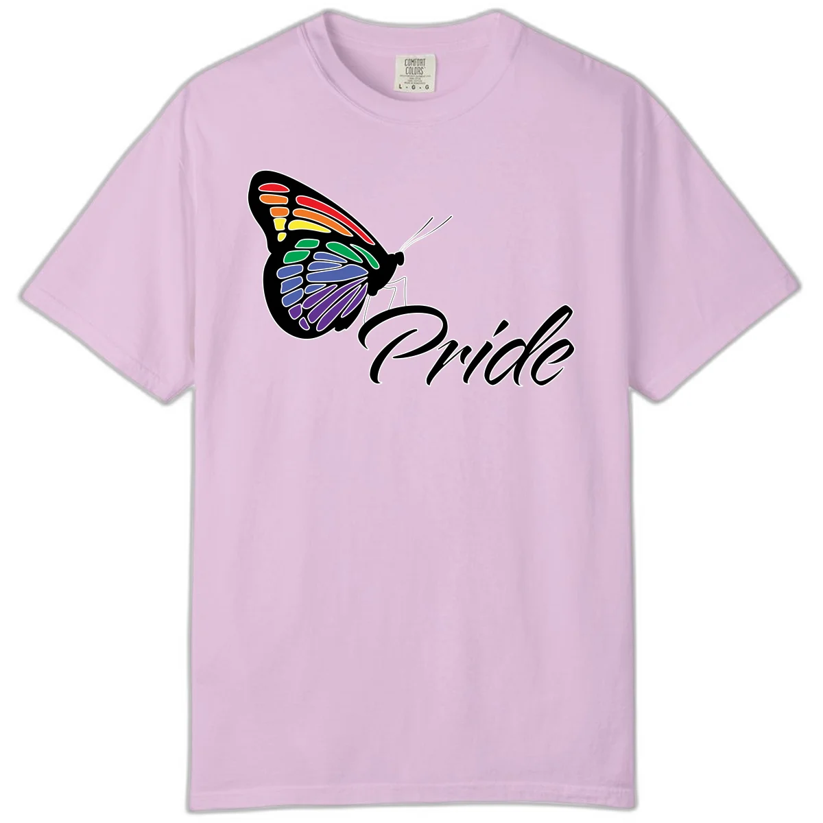 Pride butterfly illustration with rainbow-colored wings in red, orange, yellow, green, blue, and purple gradient with 'Pride' text in Orchid