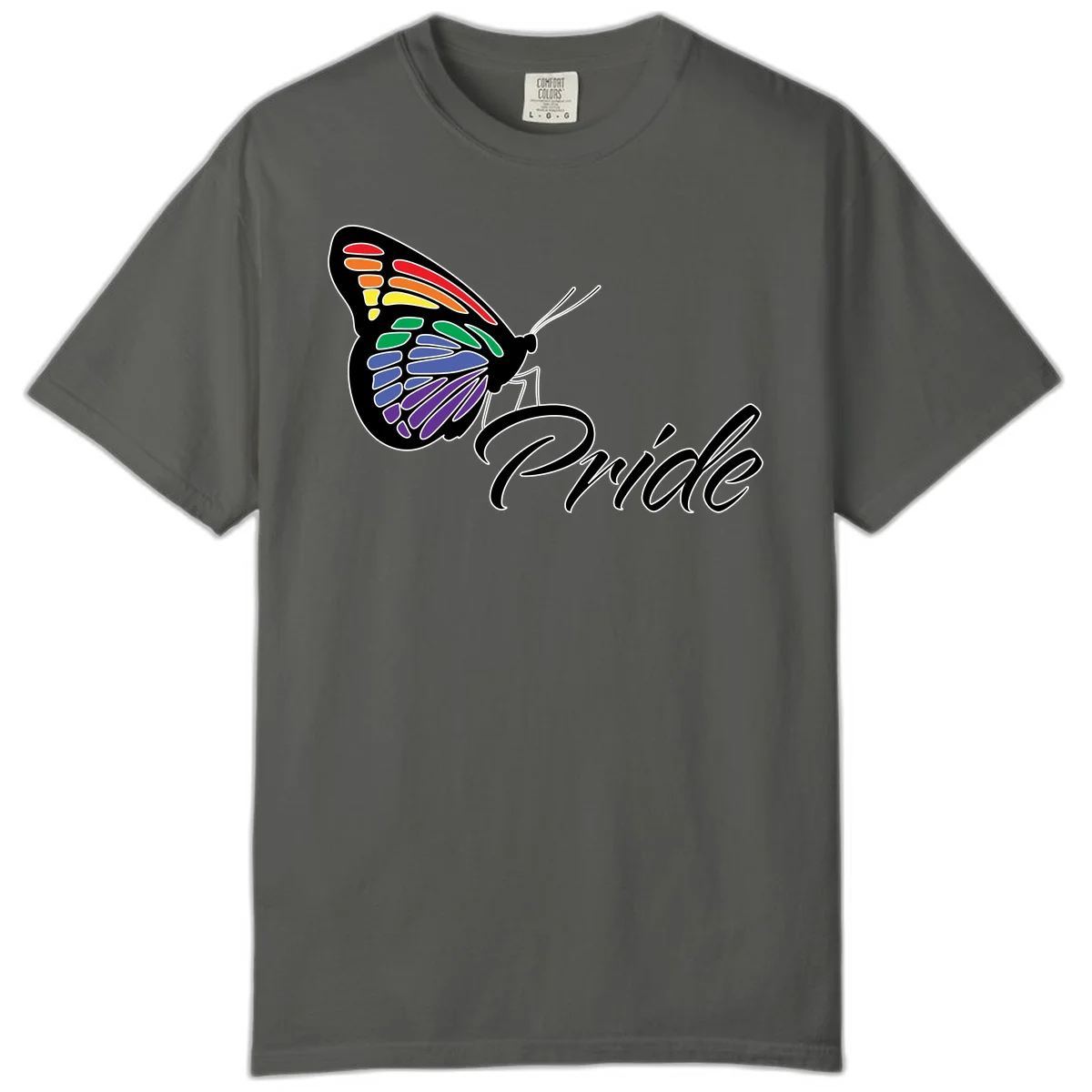 Pride butterfly illustration with rainbow-colored wings in red, orange, yellow, green, blue, and purple gradient with 'Pride' text in Pepper