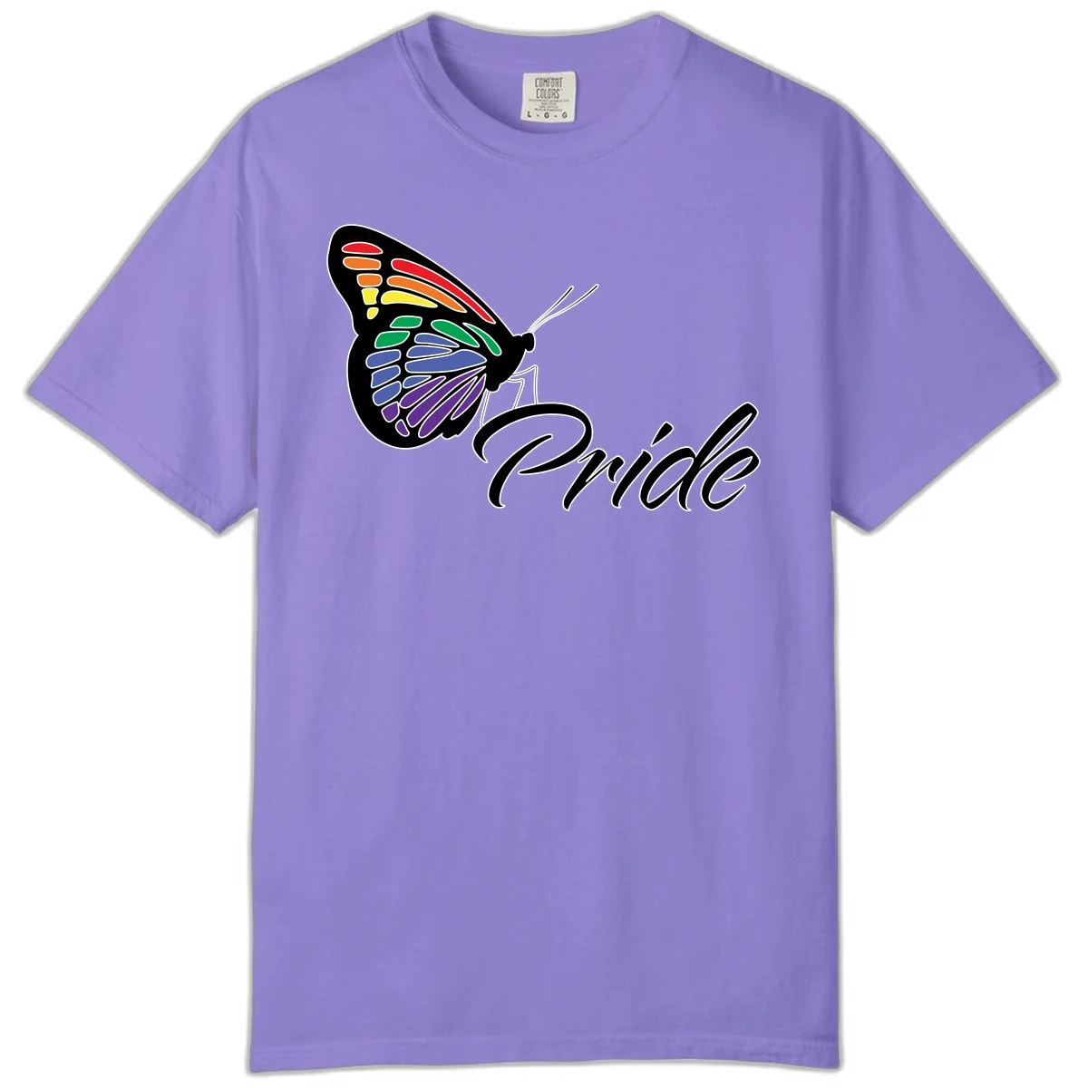 Pride butterfly illustration with rainbow-colored wings in red, orange, yellow, green, blue, and purple gradient with 'Pride' text in Violet