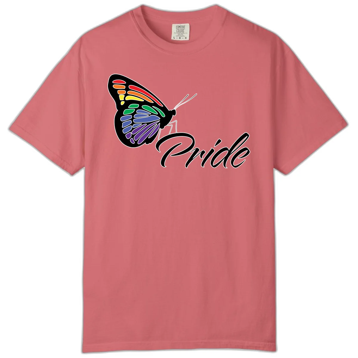Pride butterfly illustration with rainbow-colored wings in red, orange, yellow, green, blue, and purple gradient with 'Pride' text in Watermelon