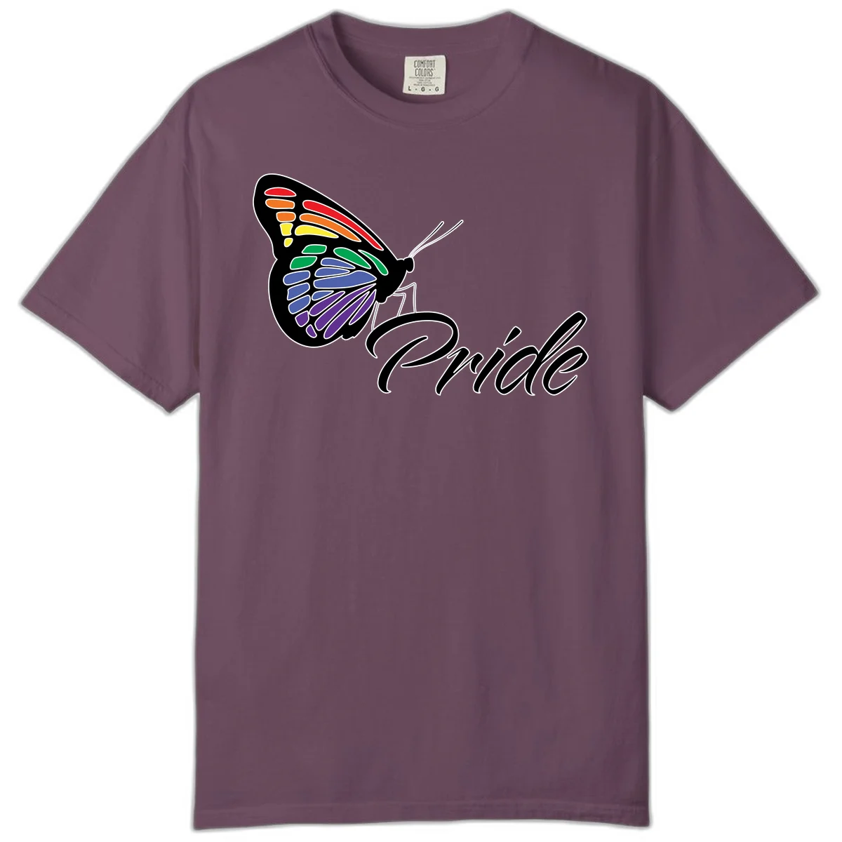 Pride butterfly illustration with rainbow-colored wings in red, orange, yellow, green, blue, and purple gradient with 'Pride' text in Berry
