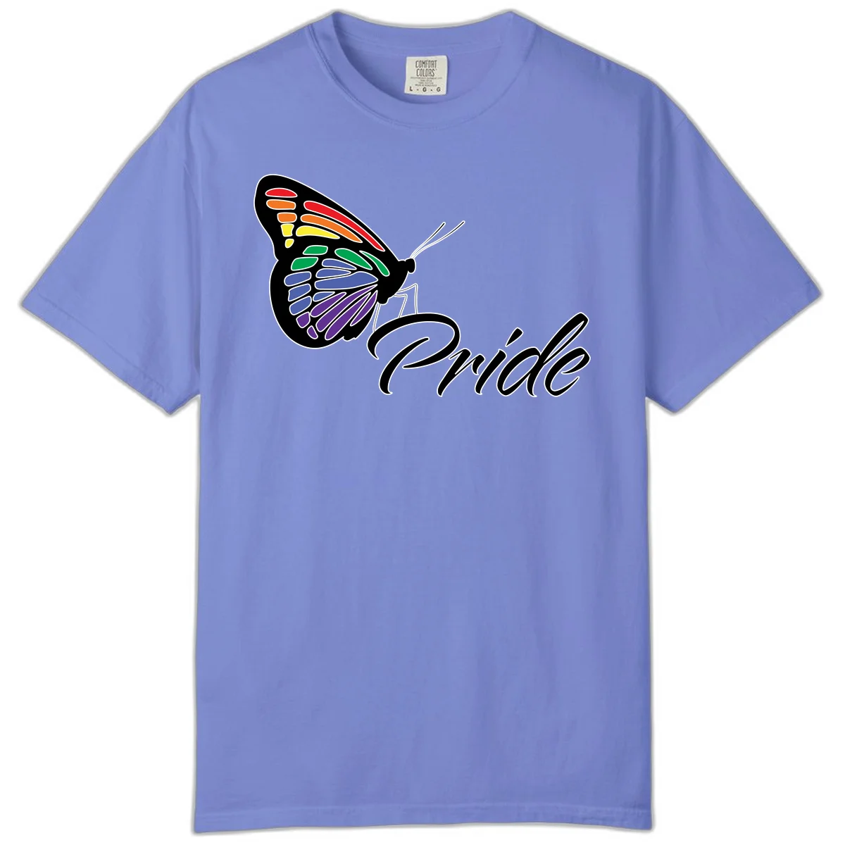 Pride butterfly illustration with rainbow-colored wings in red, orange, yellow, green, blue, and purple gradient with 'Pride' text in Flo Blue