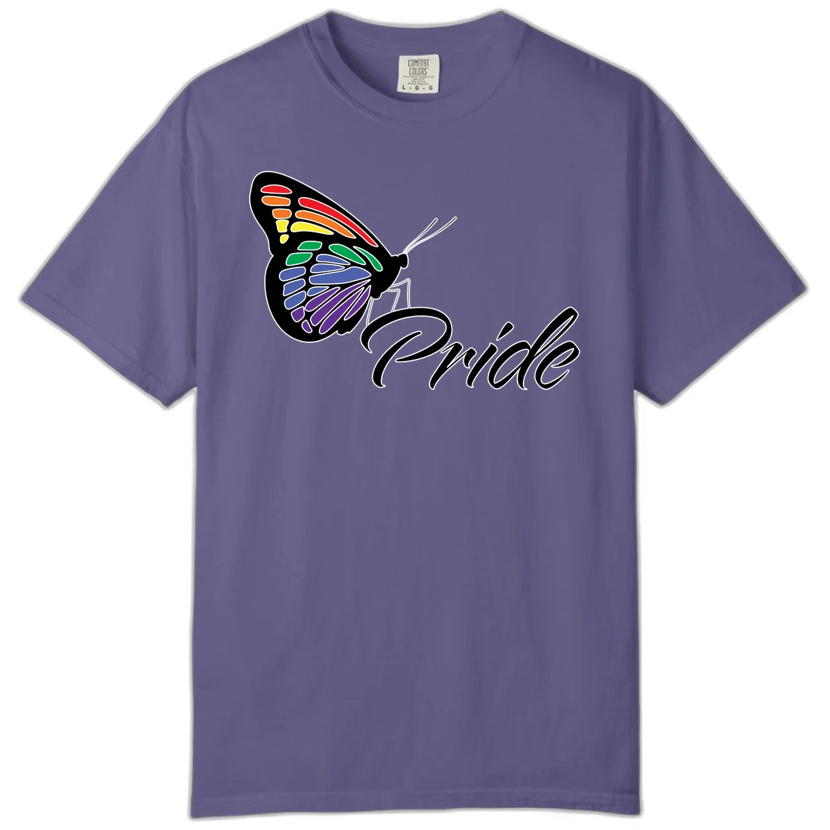 Pride butterfly illustration with rainbow-colored wings in red, orange, yellow, green, blue, and purple gradient with 'Pride' text in Grape