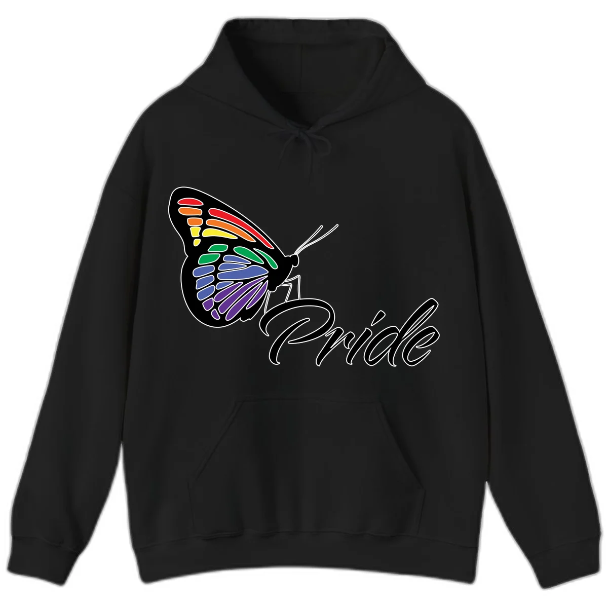 Pride butterfly illustration with rainbow-colored wings in red, orange, yellow, green, blue, and purple gradient with 'Pride' text in Black