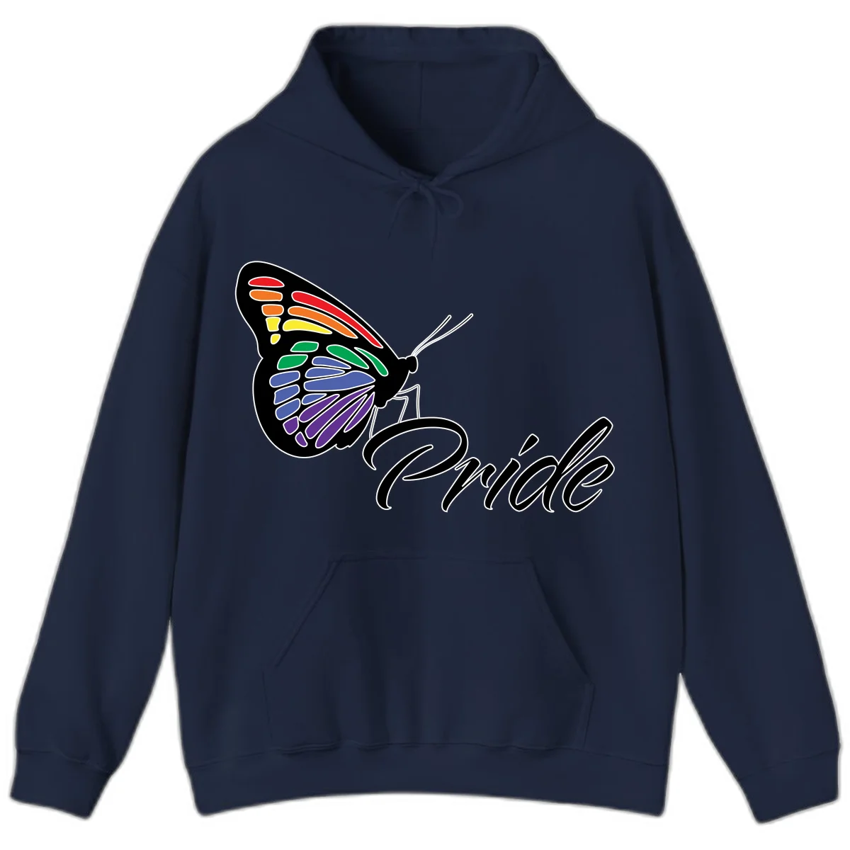 Pride butterfly illustration with rainbow-colored wings in red, orange, yellow, green, blue, and purple gradient with 'Pride' text in Navy