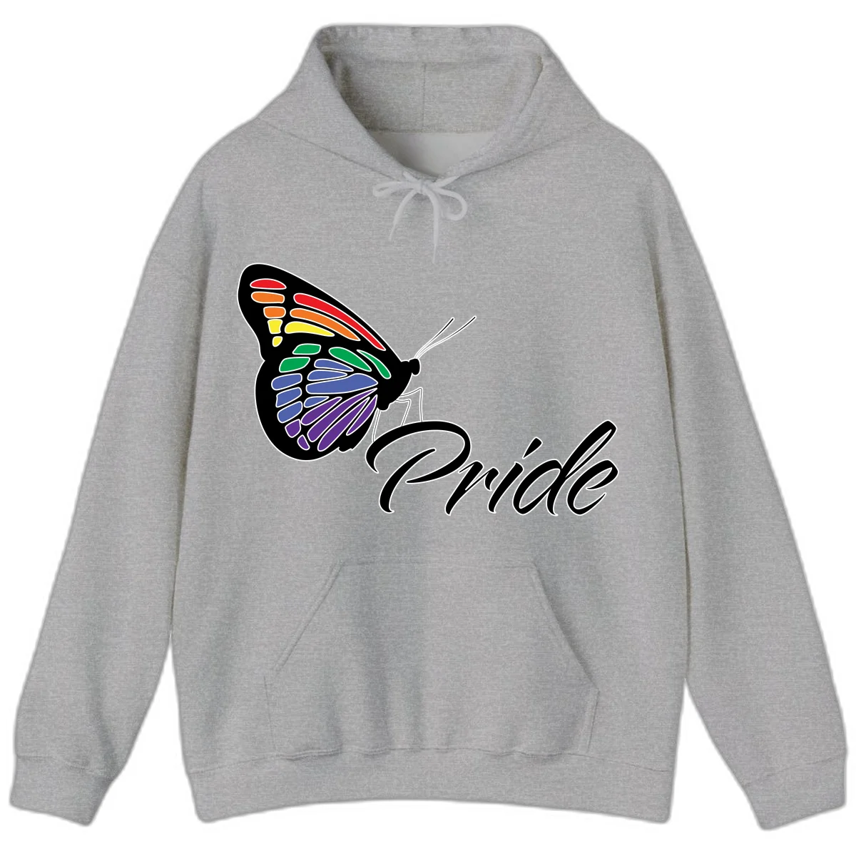 Pride butterfly illustration with rainbow-colored wings in red, orange, yellow, green, blue, and purple gradient with 'Pride' text in Sport Grey