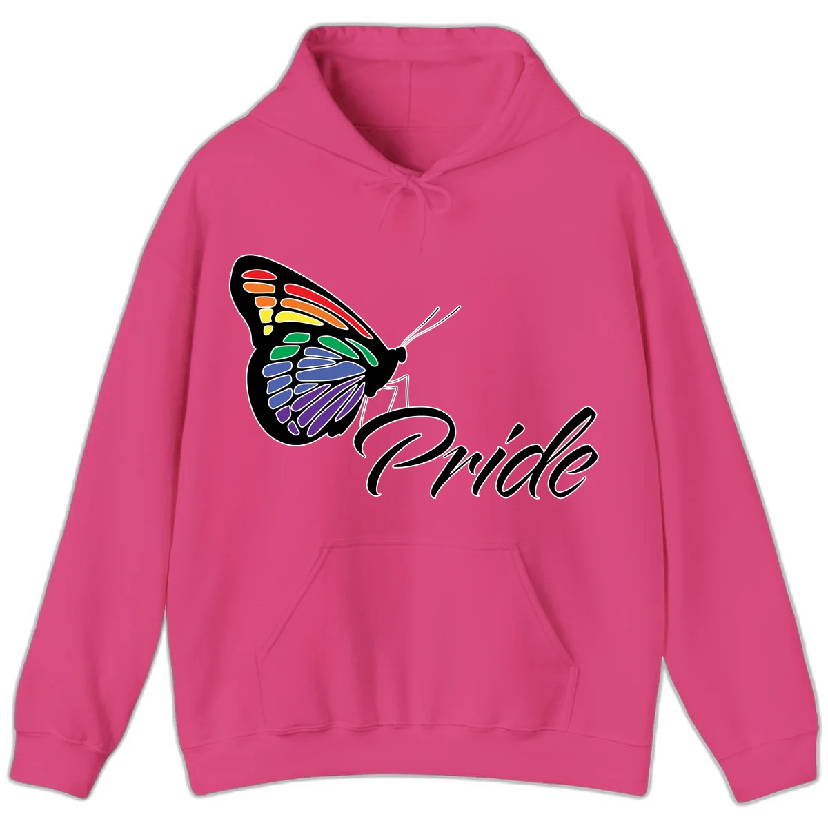 Pride butterfly illustration with rainbow-colored wings in red, orange, yellow, green, blue, and purple gradient with 'Pride' text in Heliconia
