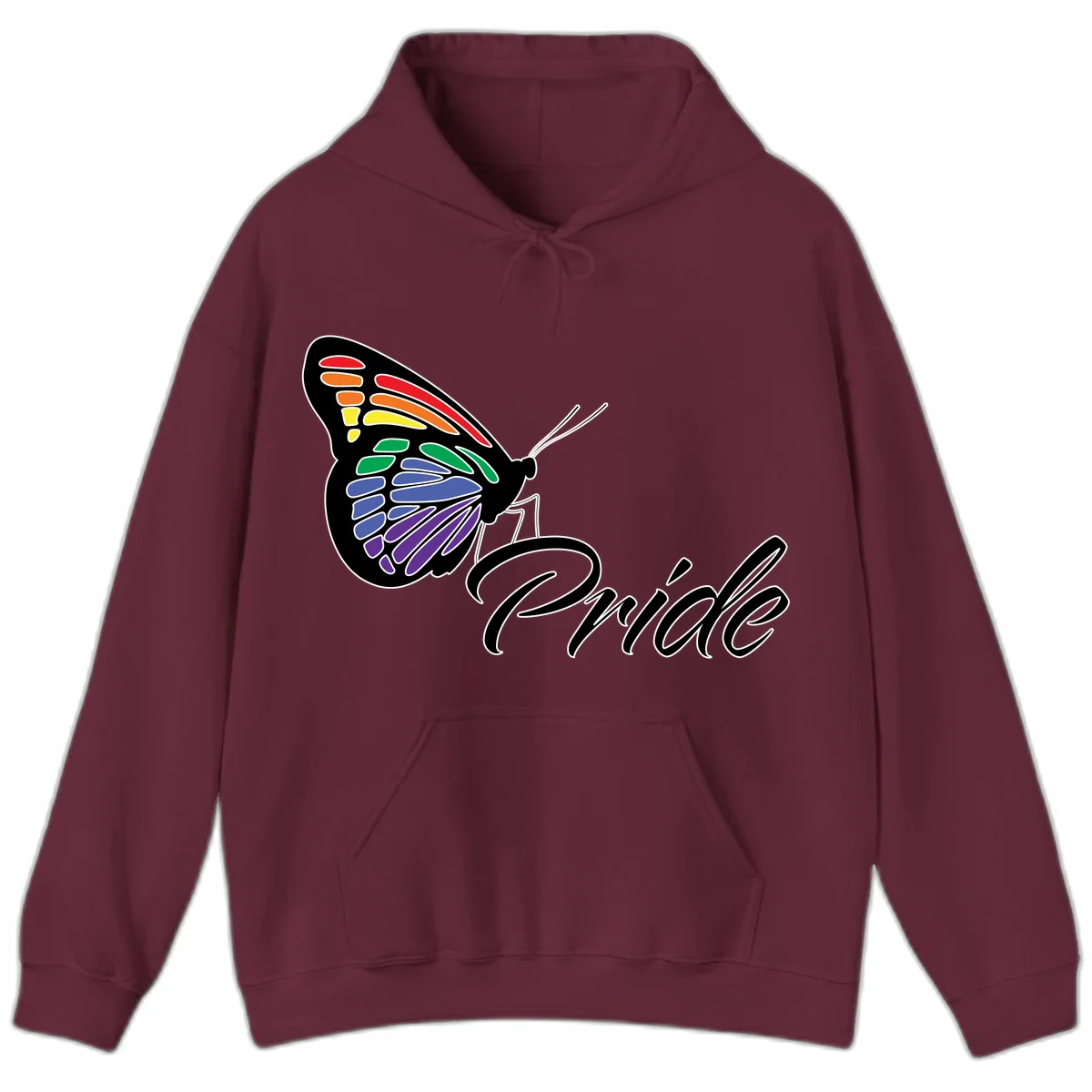 Pride butterfly illustration with rainbow-colored wings in red, orange, yellow, green, blue, and purple gradient with 'Pride' text in Maroon