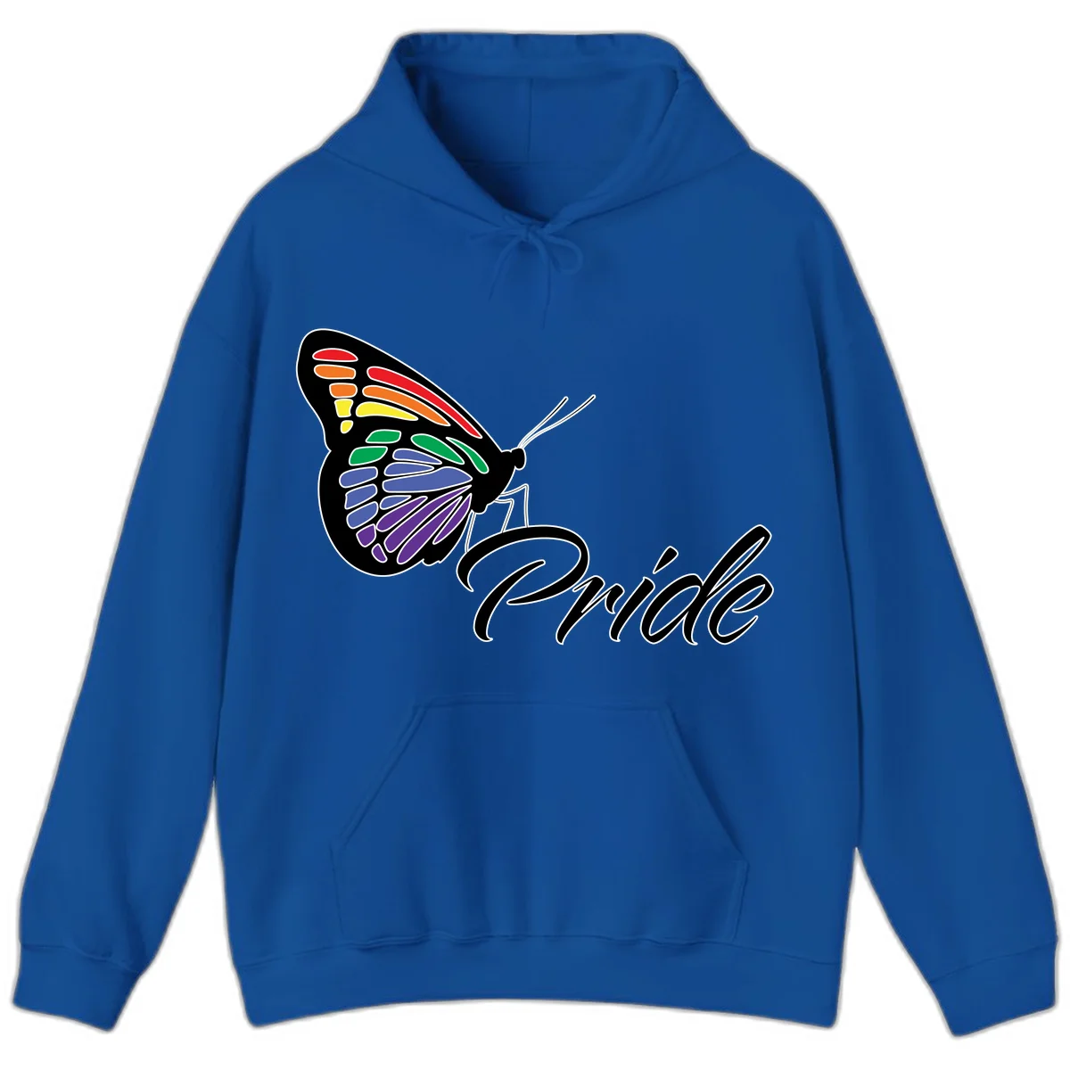 Pride butterfly illustration with rainbow-colored wings in red, orange, yellow, green, blue, and purple gradient with 'Pride' text in Royal