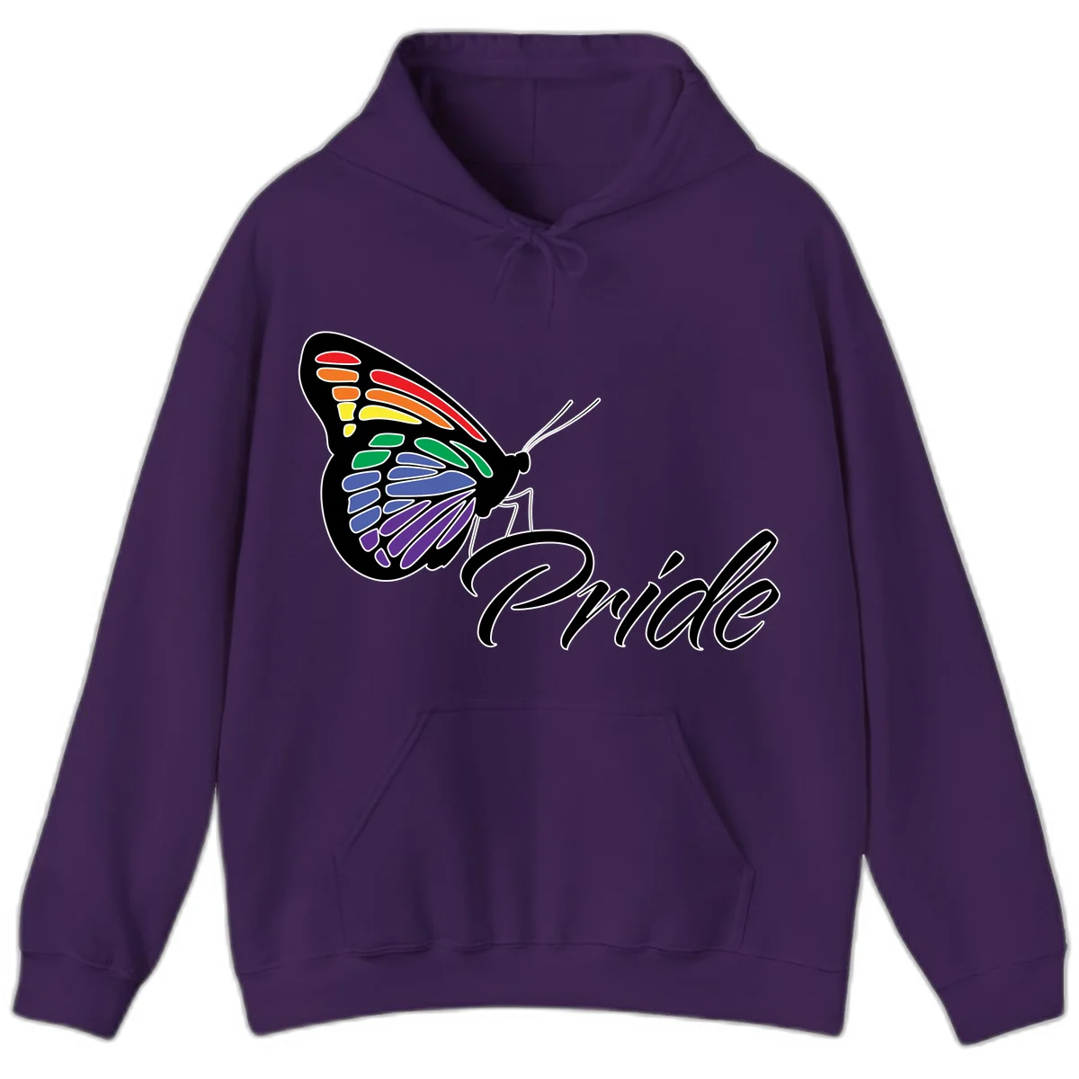 Pride butterfly illustration with rainbow-colored wings in red, orange, yellow, green, blue, and purple gradient with 'Pride' text in Purple