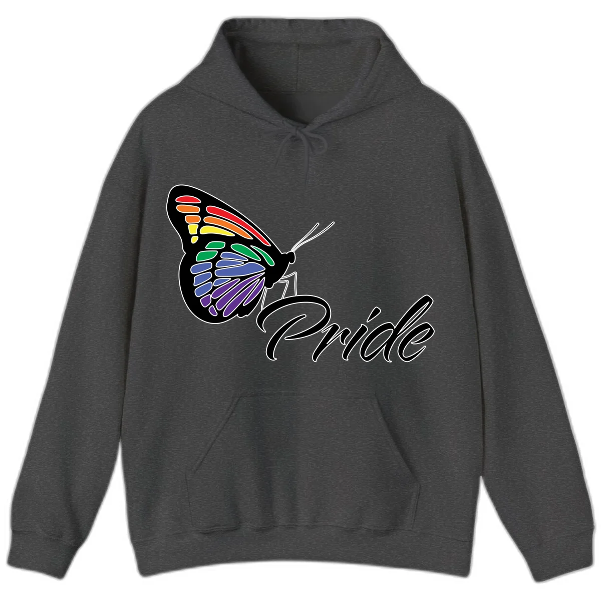 Pride butterfly illustration with rainbow-colored wings in red, orange, yellow, green, blue, and purple gradient with 'Pride' text in Dark Heather