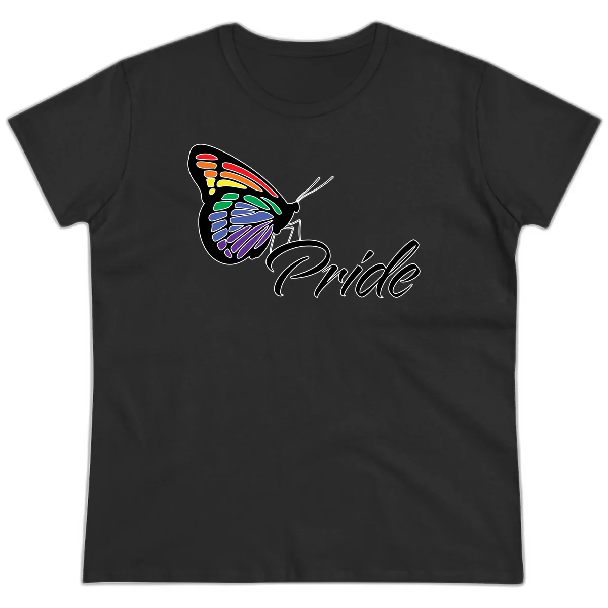 Pride butterfly illustration with rainbow-colored wings in red, orange, yellow, green, blue, and purple gradient with 'Pride' text in Black