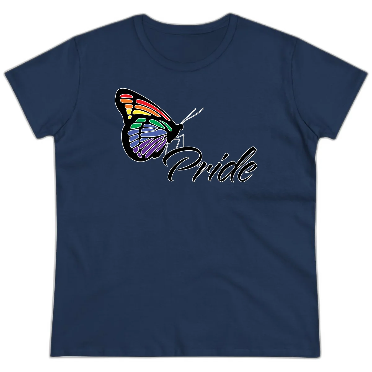 Pride butterfly illustration with rainbow-colored wings in red, orange, yellow, green, blue, and purple gradient with 'Pride' text in Navy