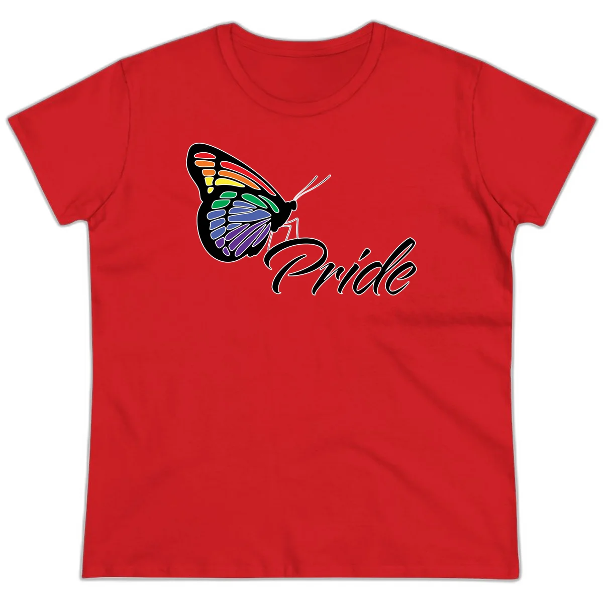Pride butterfly illustration with rainbow-colored wings in red, orange, yellow, green, blue, and purple gradient with 'Pride' text in Red