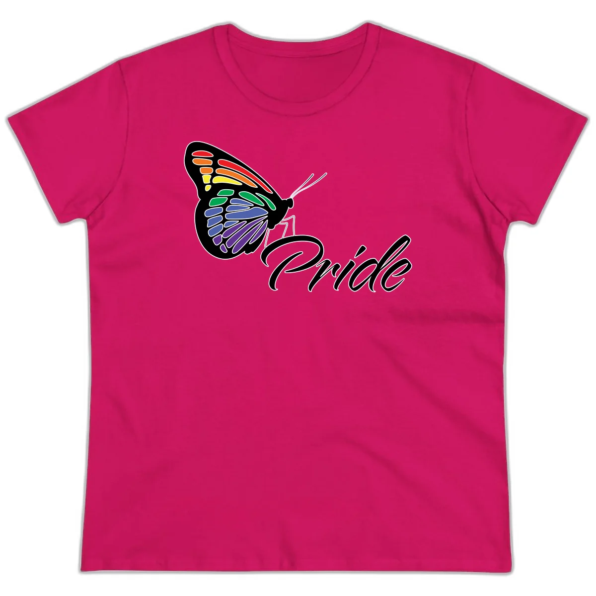 Pride butterfly illustration with rainbow-colored wings in red, orange, yellow, green, blue, and purple gradient with 'Pride' text in Heliconia