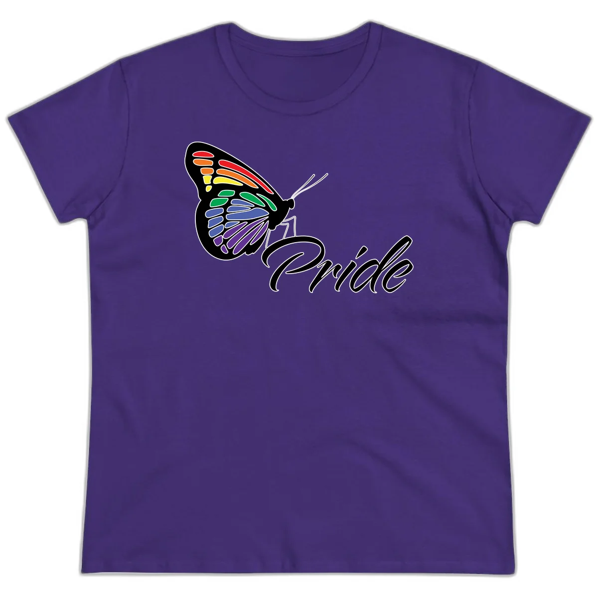 Pride butterfly illustration with rainbow-colored wings in red, orange, yellow, green, blue, and purple gradient with 'Pride' text in Purple