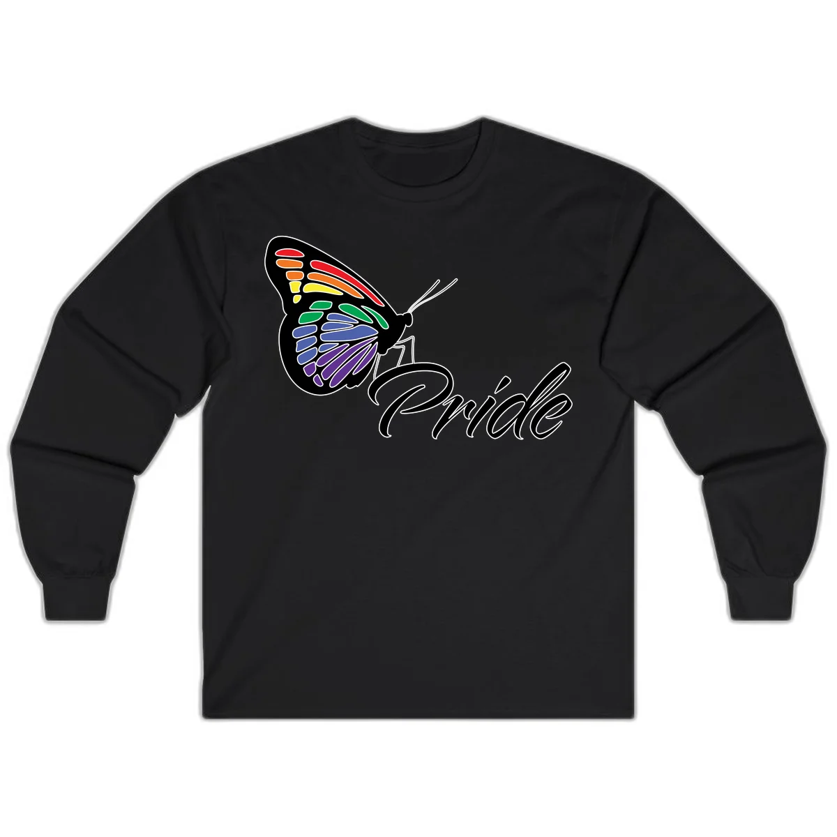 Pride butterfly illustration with rainbow-colored wings in red, orange, yellow, green, blue, and purple gradient with 'Pride' text in Black