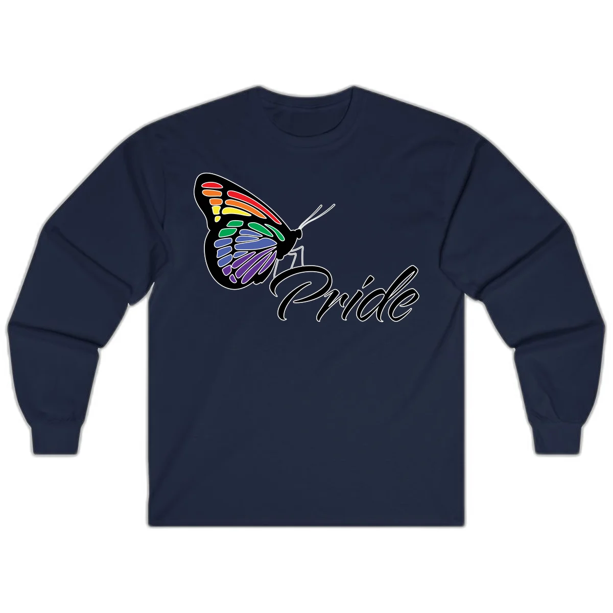 Pride butterfly illustration with rainbow-colored wings in red, orange, yellow, green, blue, and purple gradient with 'Pride' text in Navy